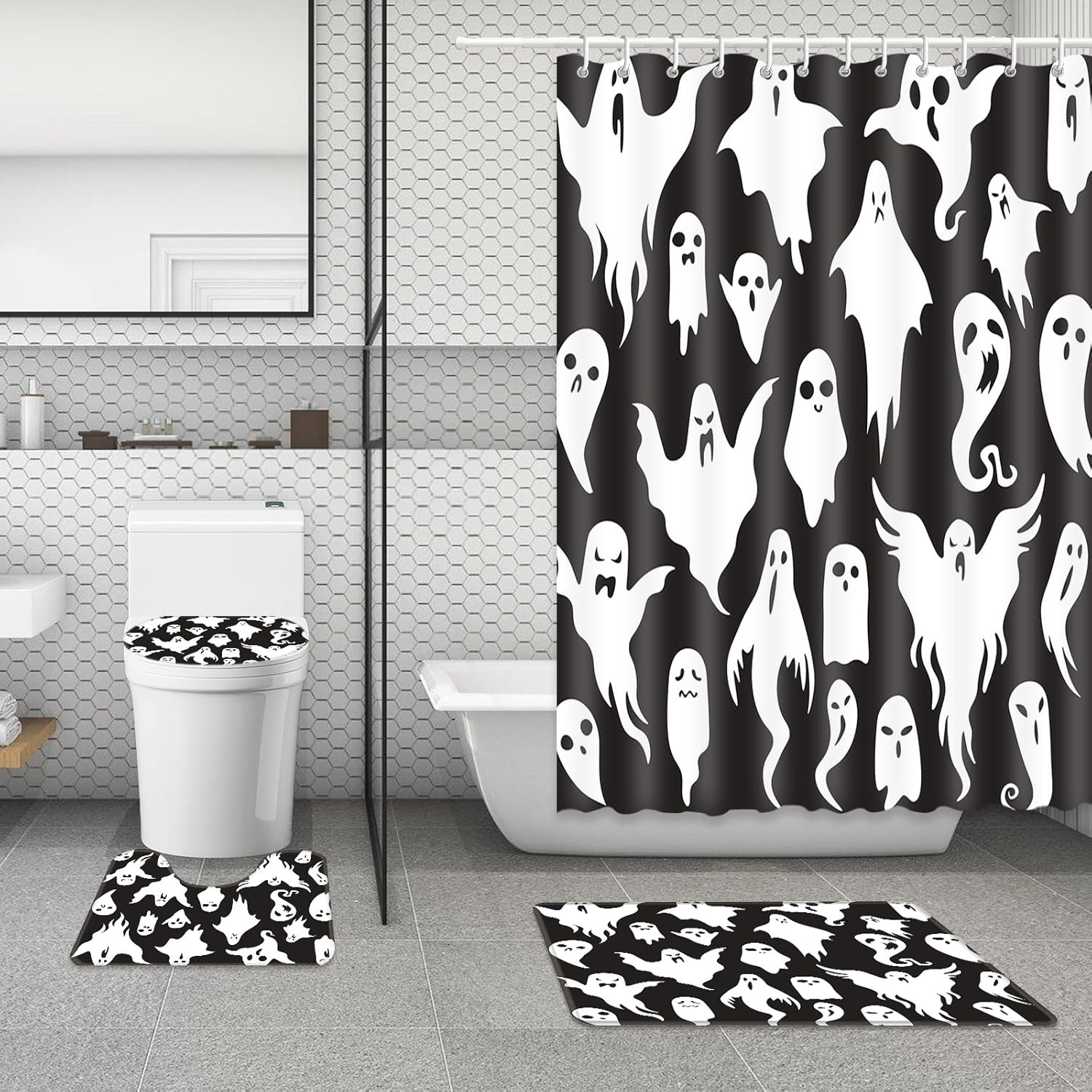 MEHOFOND Juego de 4 cortinas de ducha de fantasmas de Halloween con cortina de ducha y alfombras, cubierta de tapa de inodoro y tapete en forma de