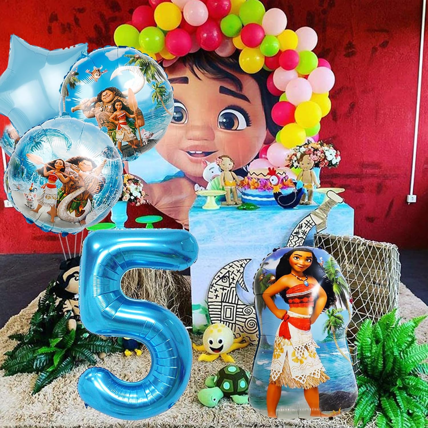 5 globos de aluminio de Moana, suministros para fiesta de 5 cumpleaños, decoración de fiesta de baby shower (5)