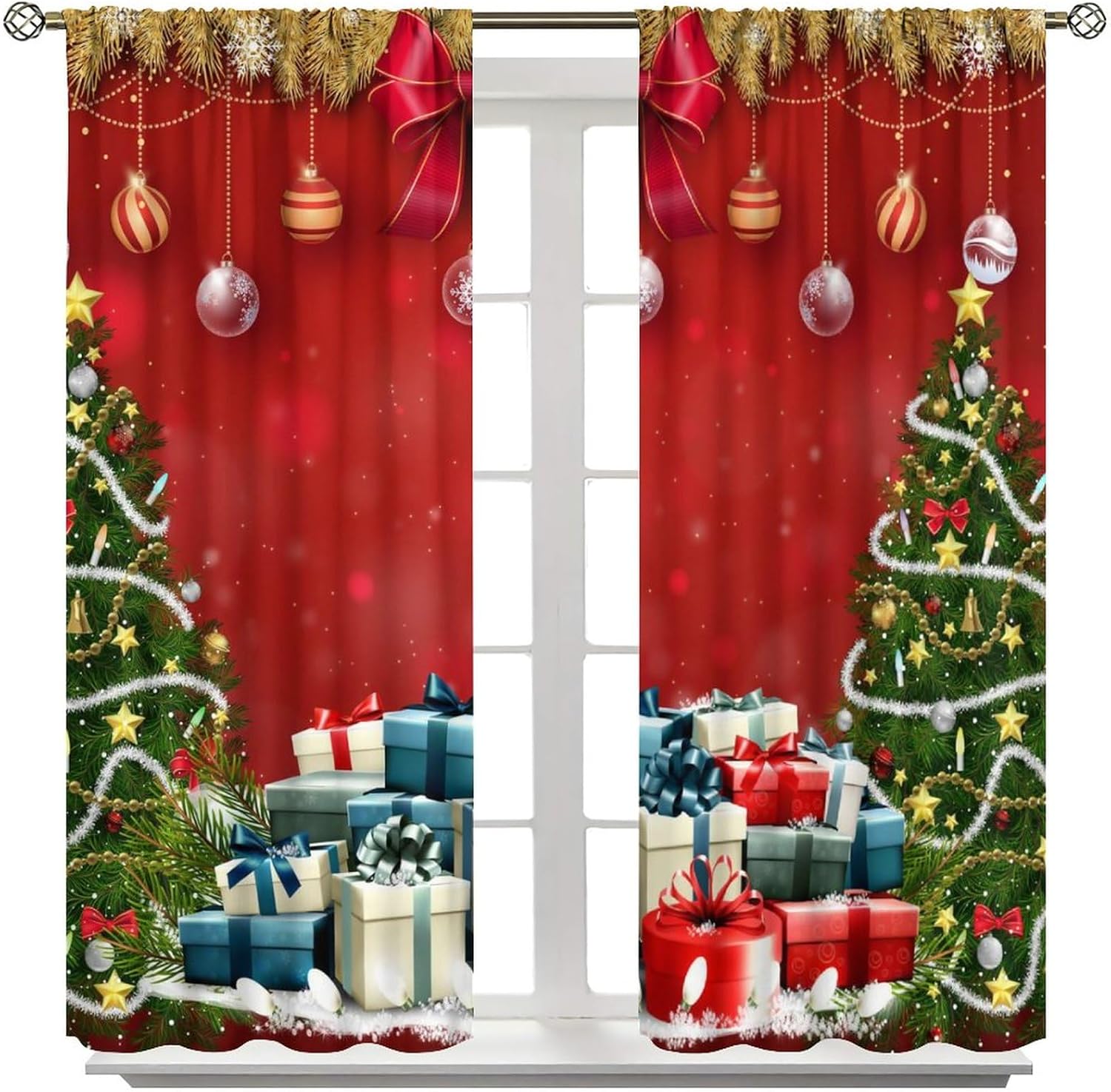 Cortinas de Navidad, árbol de Navidad con regalos coloridos, árbol de Navidad, Graland, bolas de Navidad rojas abstractas, estampado de nieve de
