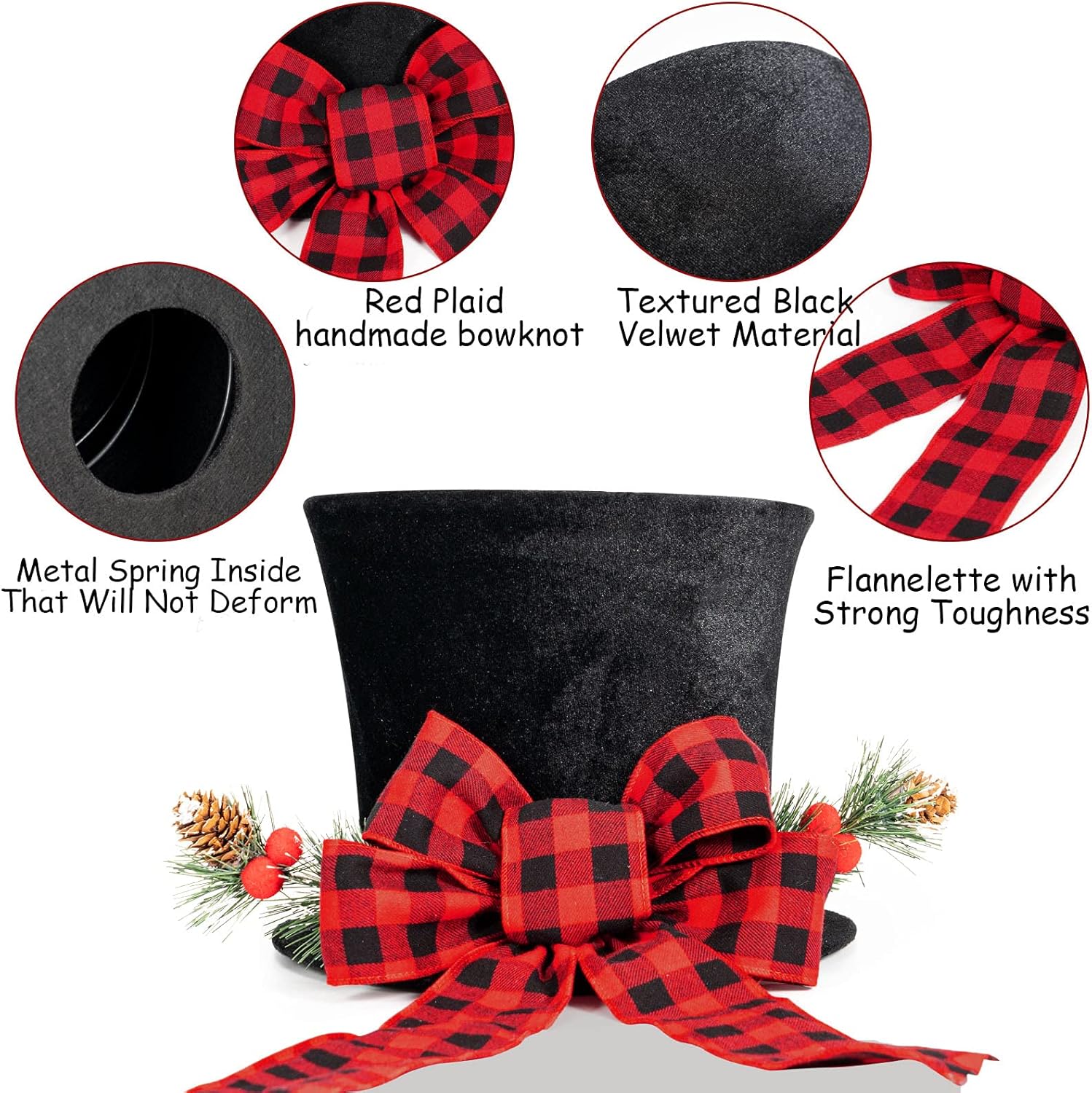 HMASYO – Sombrero de adorno para árbol de Navidad, sombrero de terciopelo negro grande con lazo rojo a cuadros y cinta alargada, decoraciones de