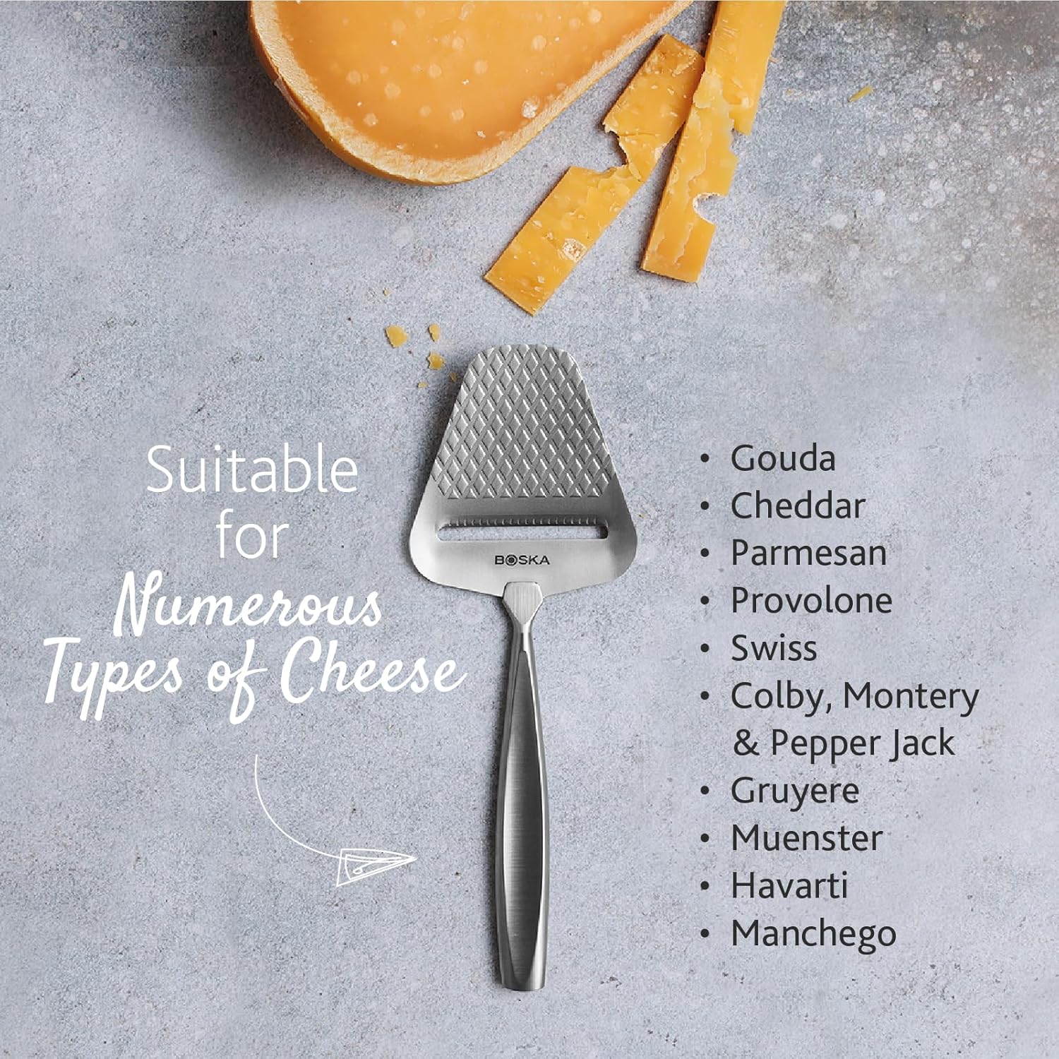 BOSKA Monaco+ Premium – Cortador de queso premiado para queso, cheddar hasta parmesano, patrón acolchado que reduce la resistencia, antiadherente y