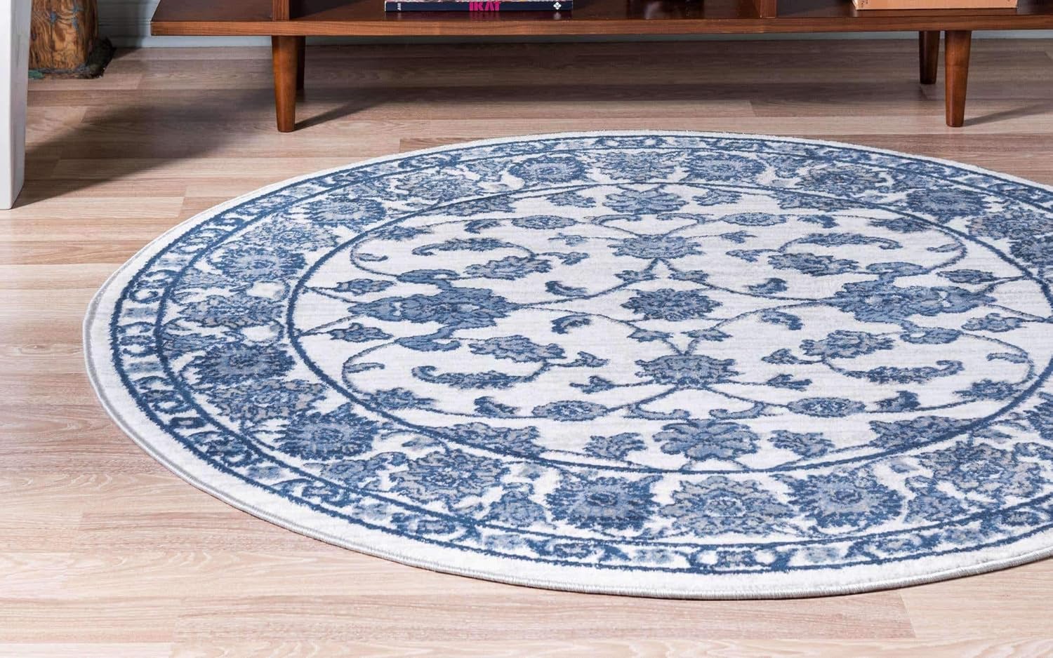 Unique Loom Boston Collection – Alfombra de área con diseño floral (3 pies 3 pulgadas, redonda, blanco, azul y gris)