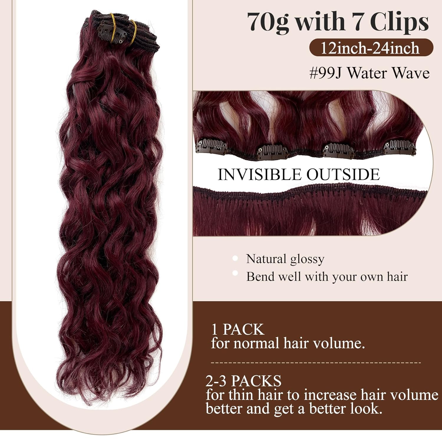Extensiones de cabello humano con clip, color burdeos, extensiones de cabello humano largo ondulado con clip, 2.47 onzas, 7 unidades, extensiones de