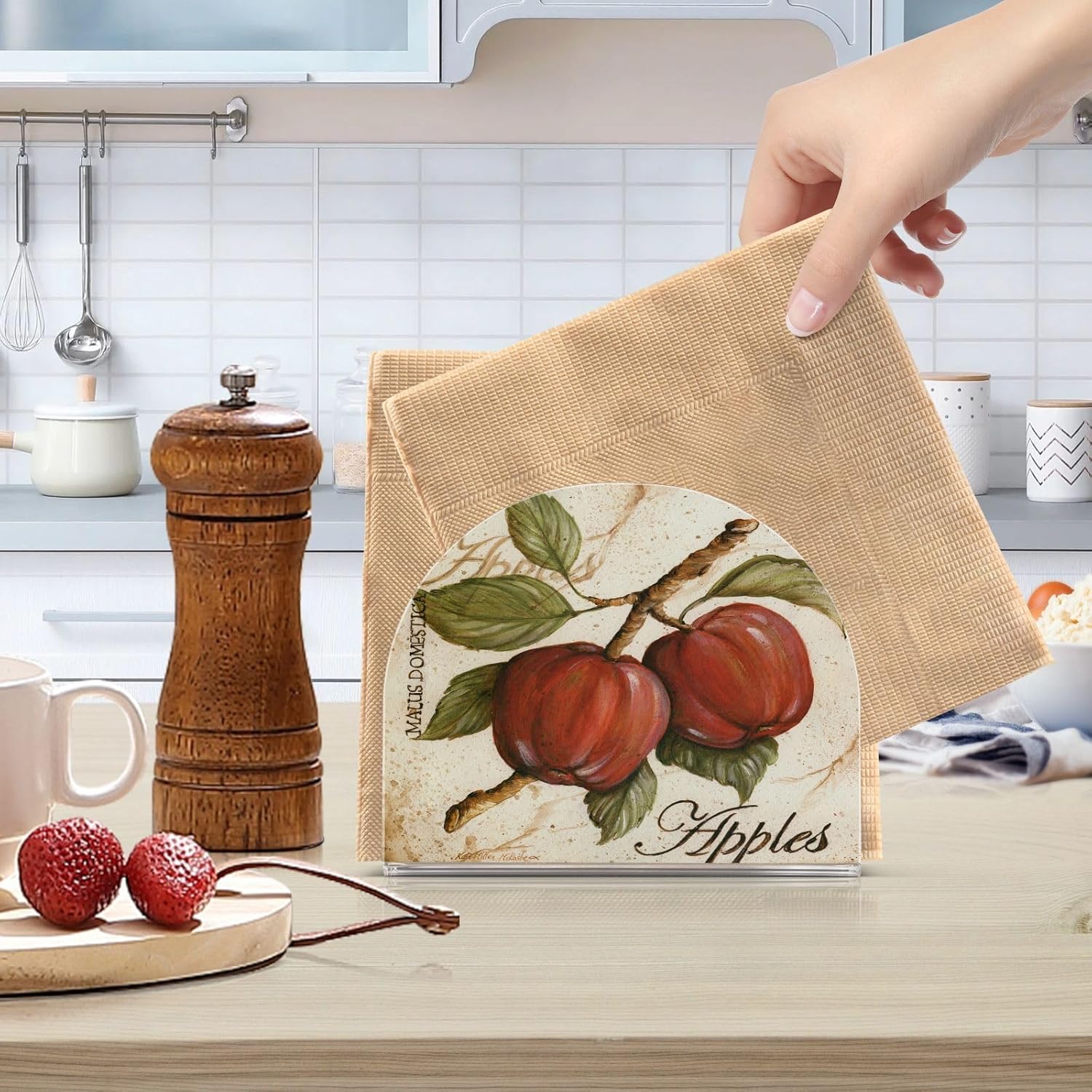 KJIZMO Servilletero acrílico de manzana, dispensador de servilletas transparente para organizar la cocina, dispensador de papel de papel para caja
