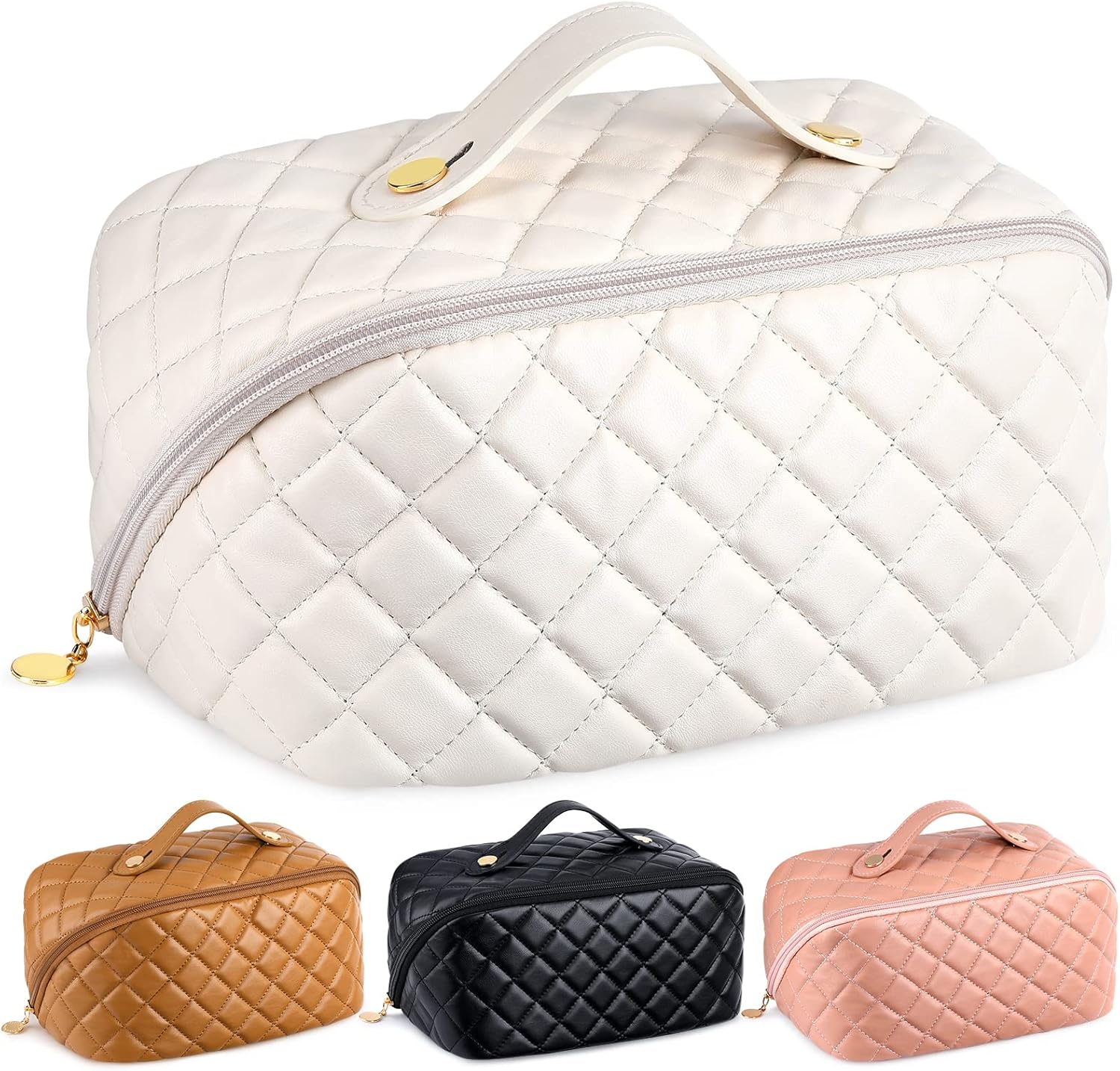 RUMIA Bolsa de cosméticos de viaje de gran capacidad, portátil, de cuero, impermeable, bolsa de maquillaje de viaje, bolsa de almacenamiento con