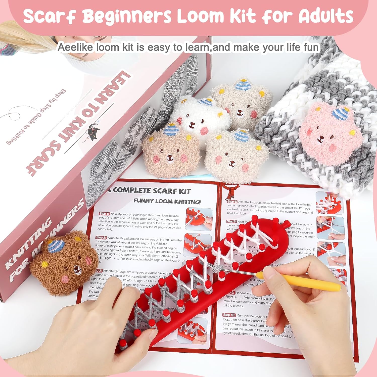 Aeelike – Kit de telar largo para hacer bufandas de invierno, juego completo de telares de punto de plástico con 6 piezas de hilo e instrucciones