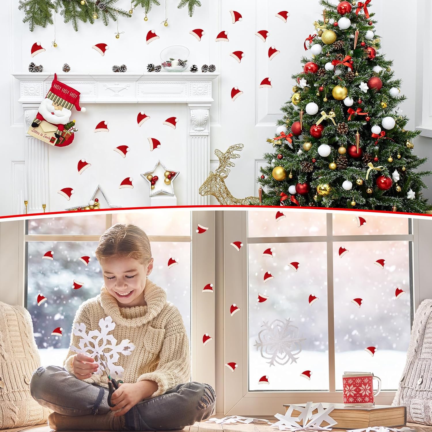 60 calcomanías de fieltro para sombrero de Papá Noel para niños, Navidad con purpurina 3D, sombrero de Papá Noel, gorra de Santa con purpurina,