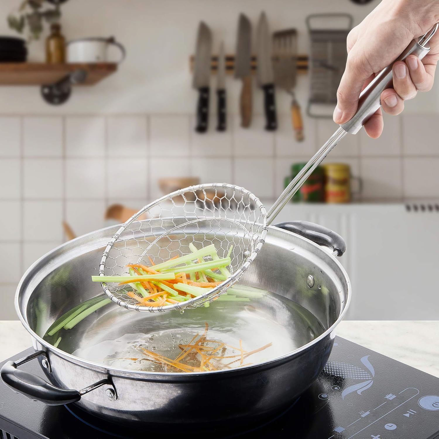 Colador de araña de acero inoxidable, colador de malla de cocina asiática, colador de wok de alambre para cocina, cesta de skimmer de 7 pulgadas,