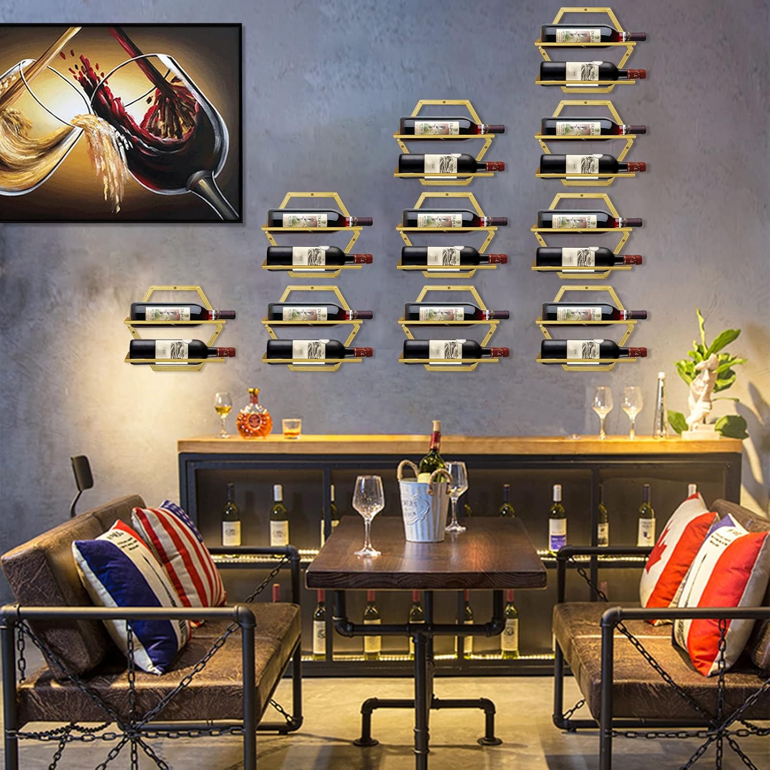 Estante para botellas de vino montado en la pared, organizador de exhibición de vino colgante de metal dorado, estantes de vino tinto para el hogar,