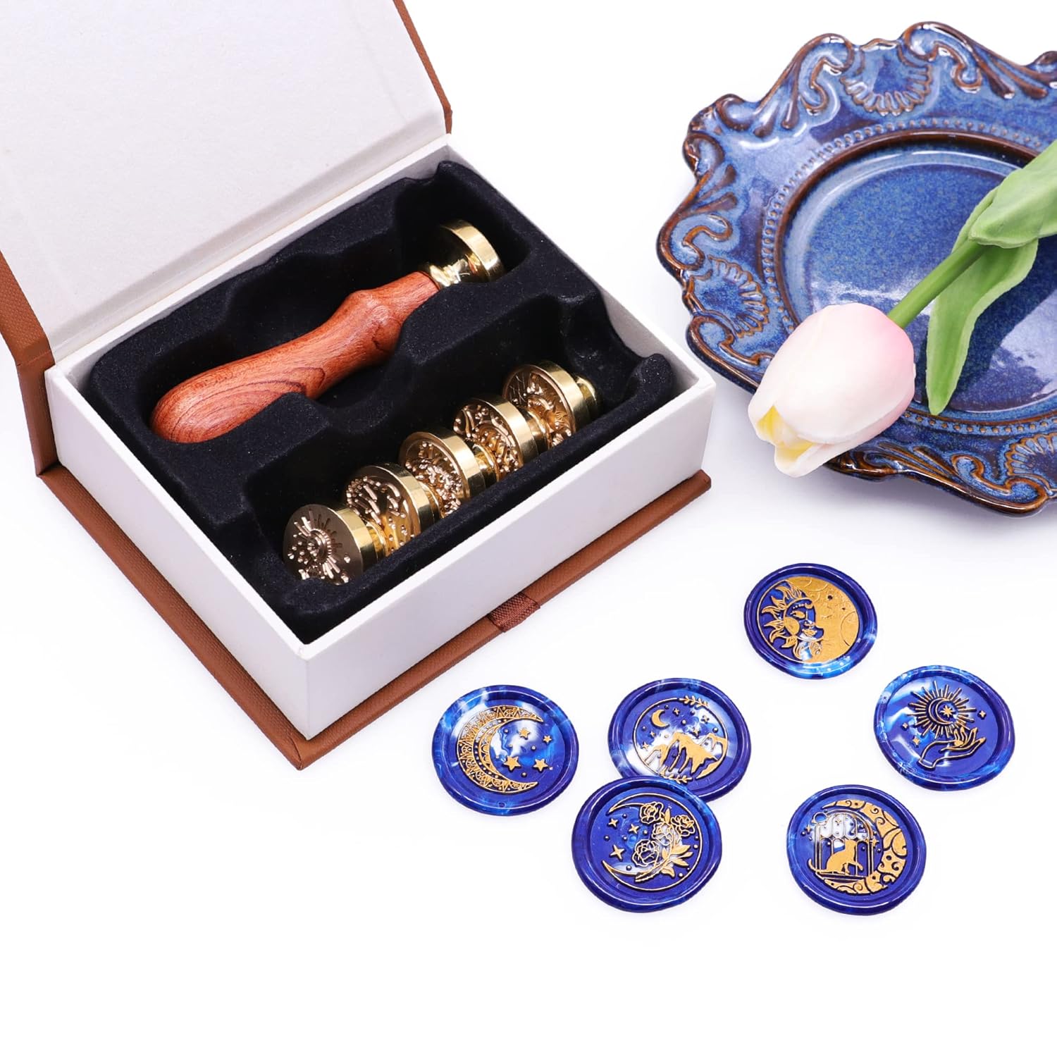 Juego de sellos de cera de 6 piezas, diseño de luna, sol y estrella, cabezales de sello para invitación, envoltura de regalos, brujería, tarjeta,
