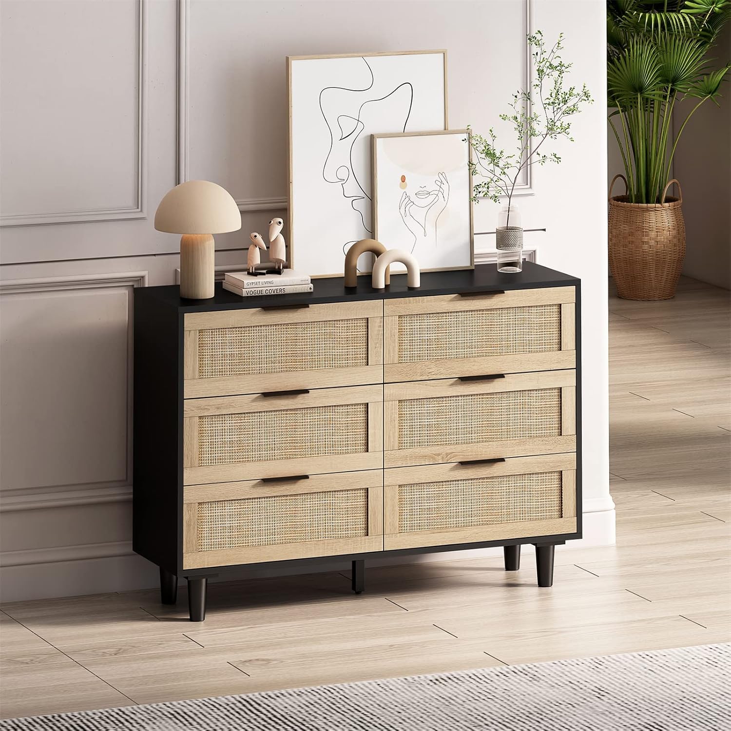 Cómoda de 43 pulgadas de ancho para dormitorio, cómoda de mediados de siglo para sala de estar, cómoda moderna con 6 cajones, mango de metal negro y