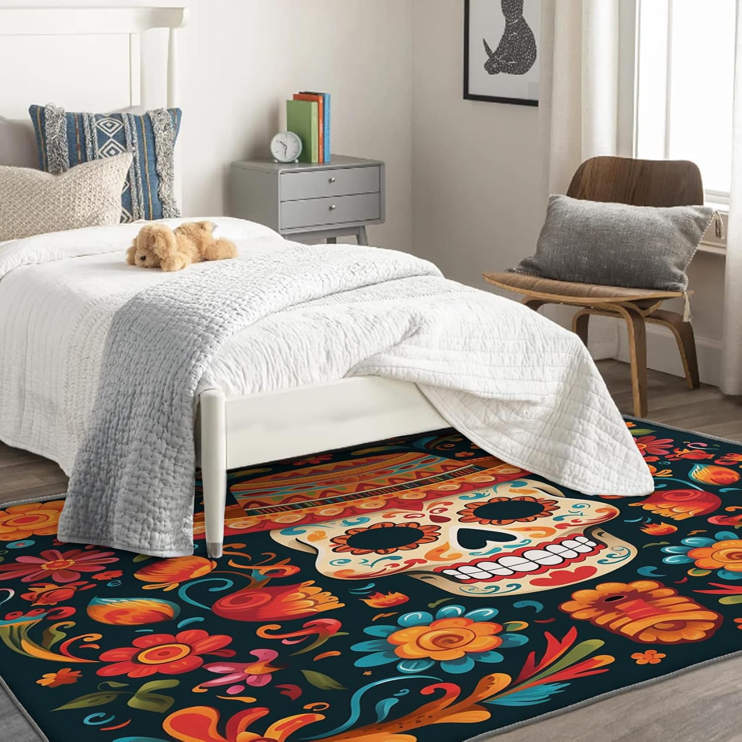 Alfombra de calavera de azúcar y decoración del hogar, alfombra mexicana de 6 x 8 pies, alfombra mexicana para sala de estar, dormitorio, alfombra