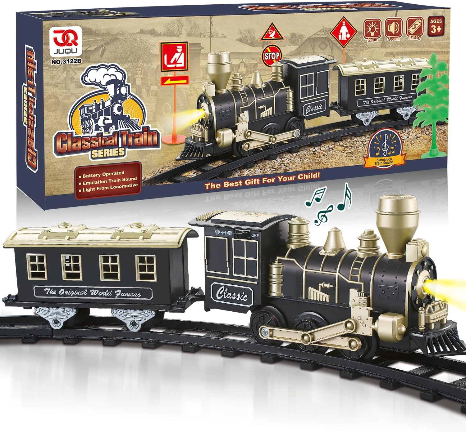 JUQU – Juego de tren eléctrico con luces y sonidos (encendidoapagado), juegos de tren para niños pequeños, tren de juguete con motor de locomotora,