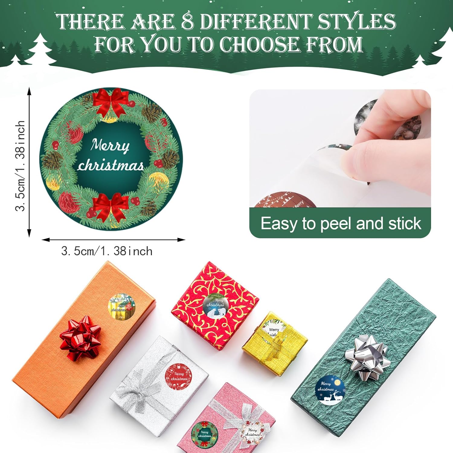 Outus 1000 calcomanías navideñas para sobres de 1.38 pulgadas, 9 diseños redondos de Feliz Navidad, sello de sobres de Navidad, calcomanías