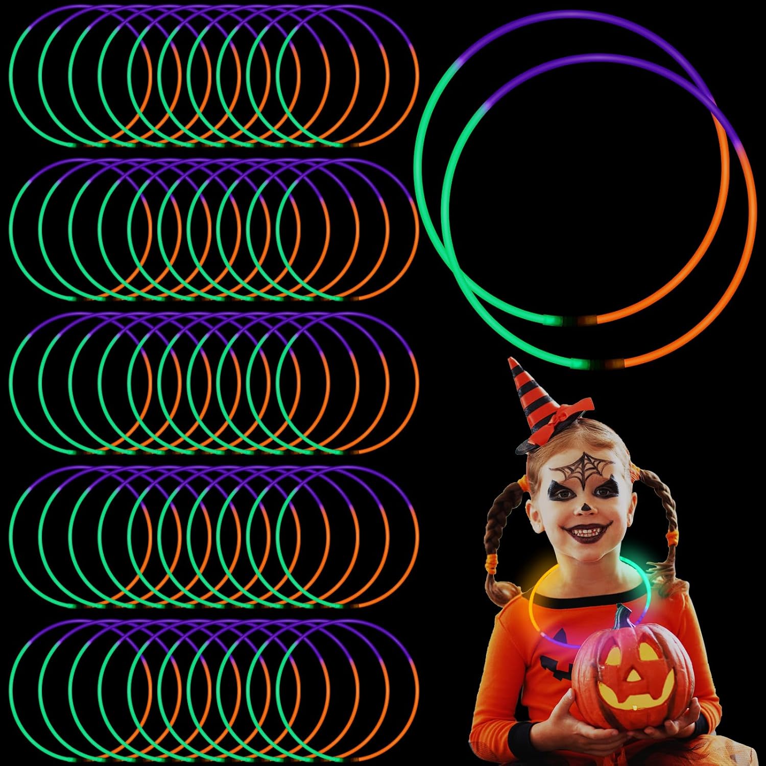 100 collares brillantes de Halloween de 22 pulgadas, collares iluminados, color naranja, morado, verde, que brillan en la oscuridad, para