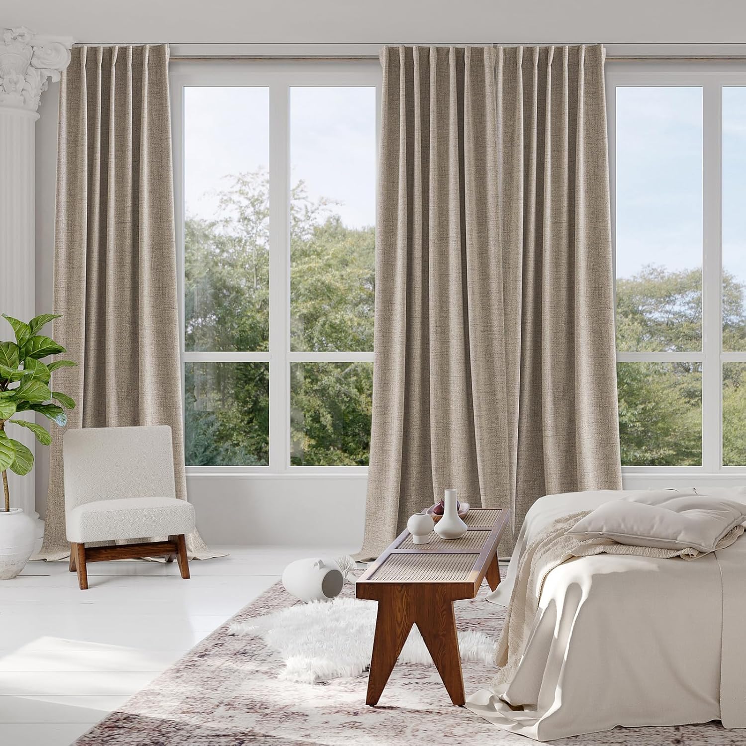 Cortinas 100% opacas de 90 pulgadas de largo, cortinas y cortinas con aislamiento térmico de lino para dormitoriosala de estar, bolsillo para