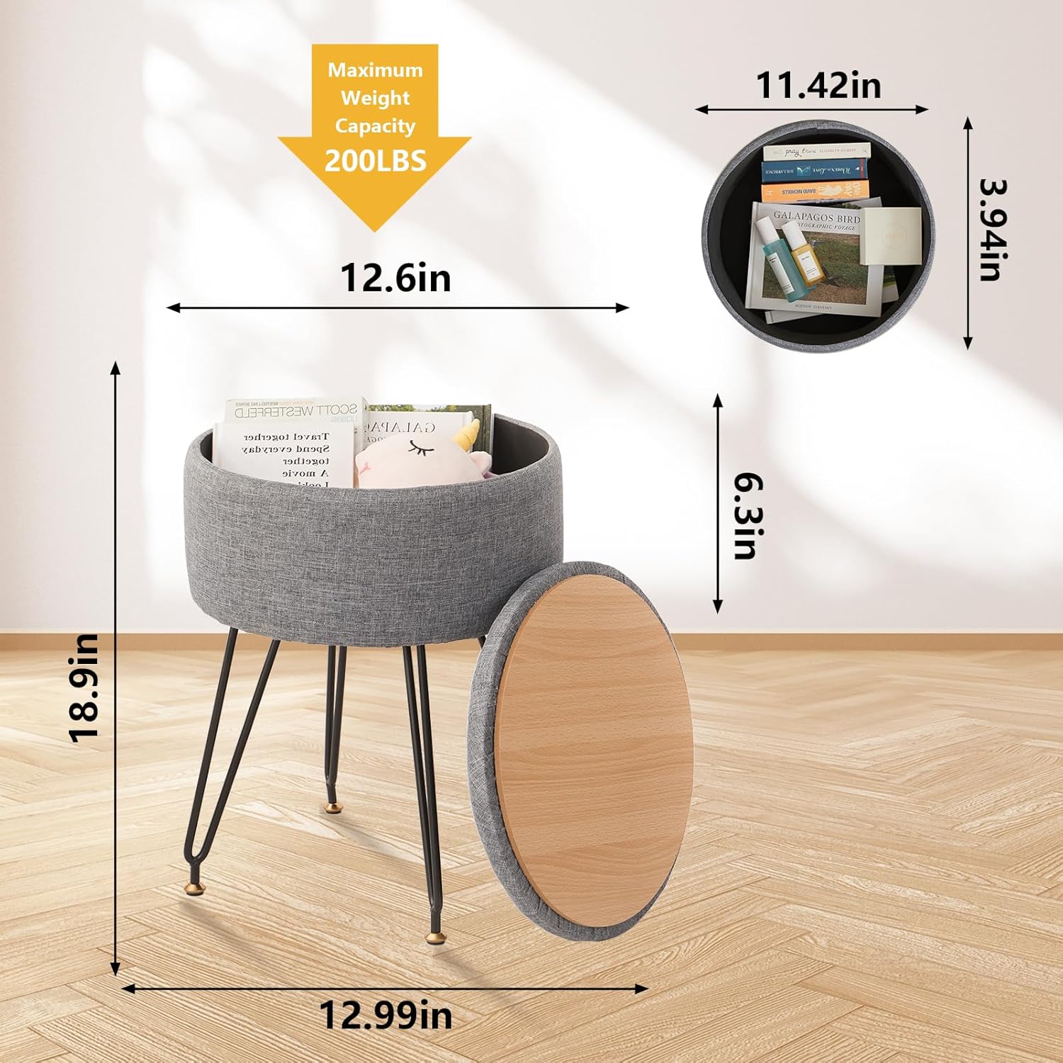 Taburete de tocador con otomana de almacenamiento, silla de tocador de lino para sala de maquillaje, reposapiés redondo con 4 patas de metal y pies