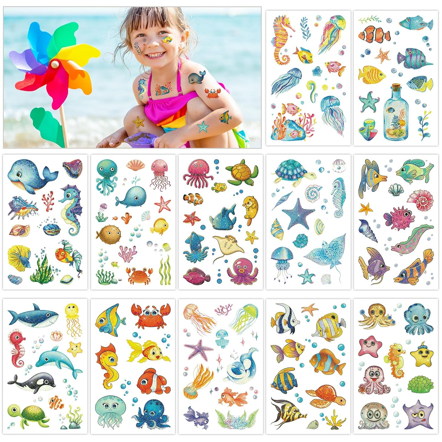 Konsait Más de 120 tatuajes temporales del océano, tatuajes con purpurina bajo el mar para niños y adultos, tatuajes de peces de vida marina,
