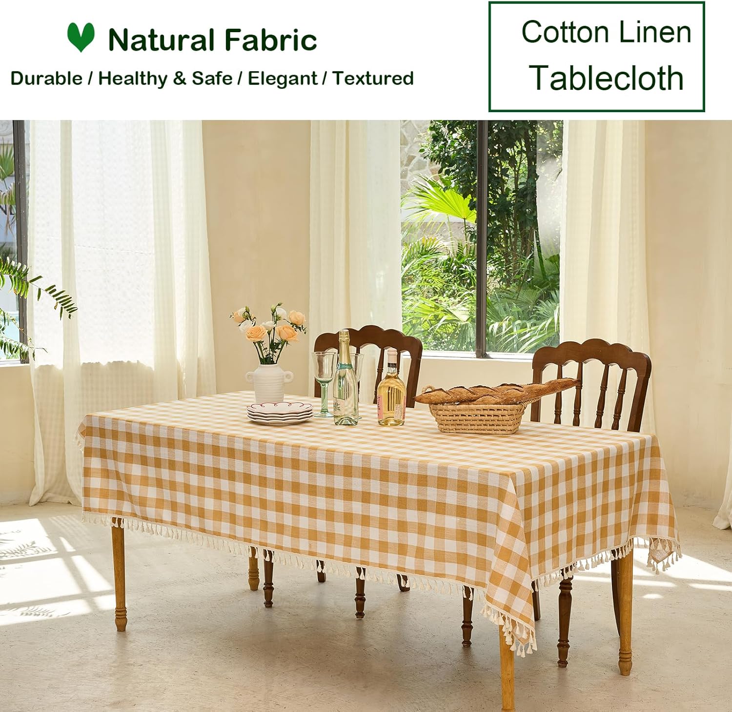 Mantel rectangular rectangular a cuadros de búfalo para primavera y verano, cocina, comedor (55 x 84 pulgadas, amarillo y blanco)
