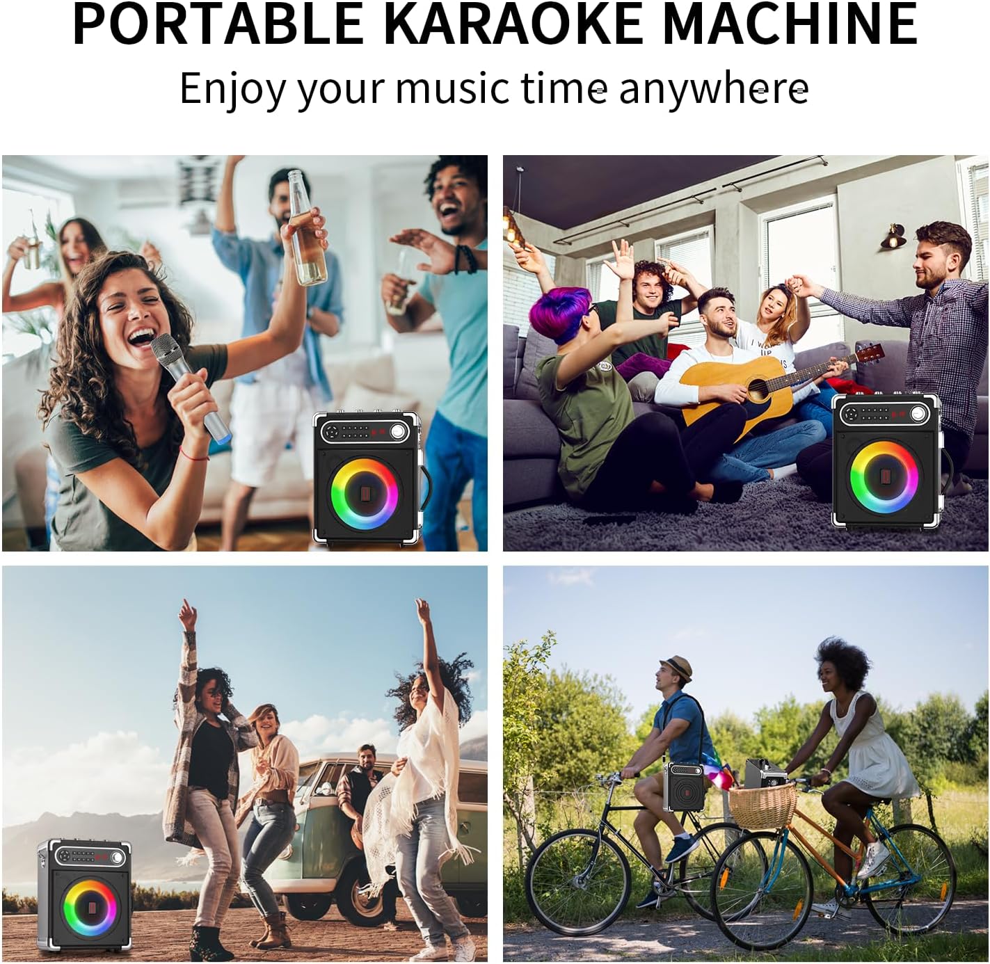 Máquina de karaoke con 2 micrófonos inalámbricos, altavoz portátil Bluetooth 5.1 para adultos y niños, ajuste de gravesagudos, sistema PA con