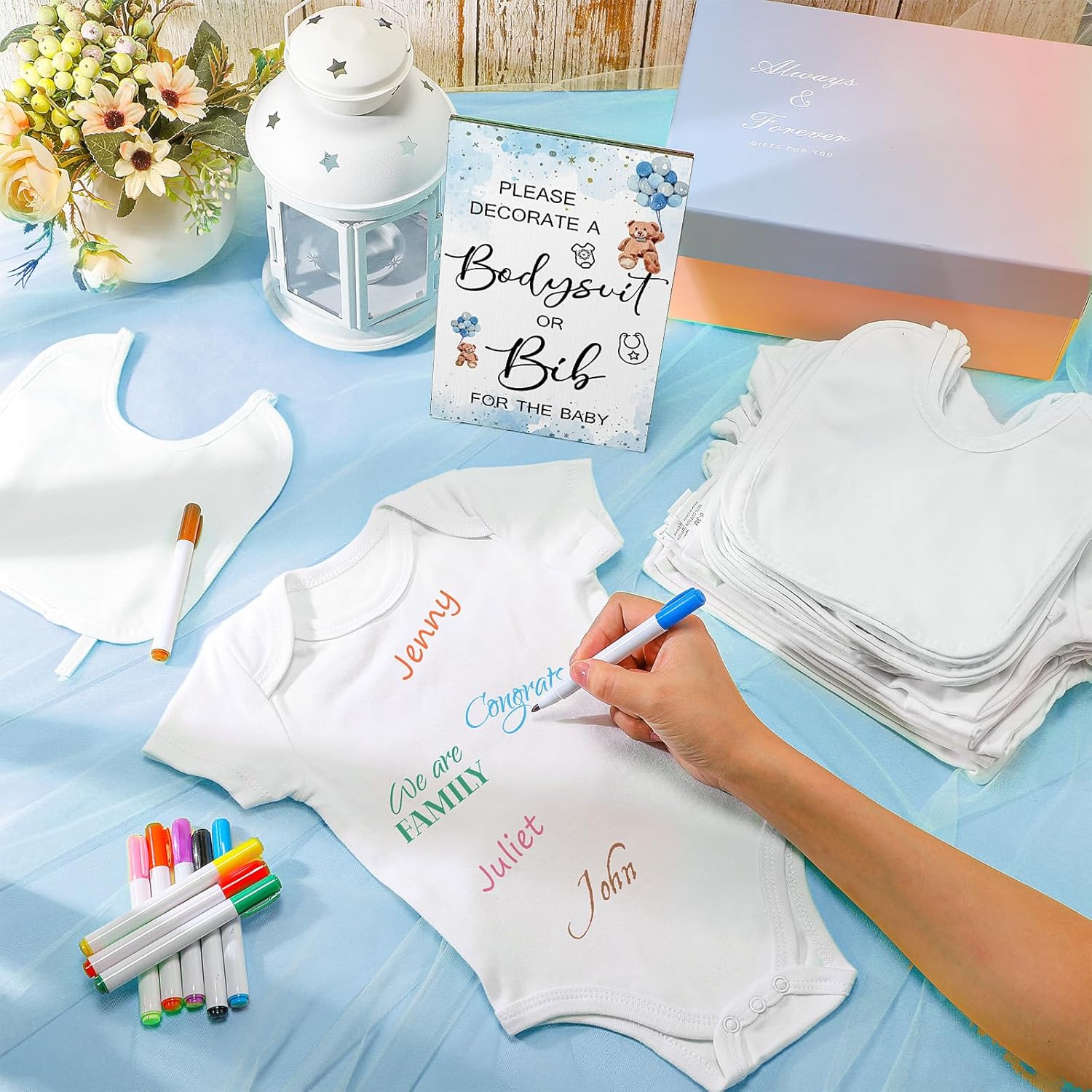 35 piezas de juegos de baby shower, diseño de baberos de bebé, letrero de madera para baby shower, letrero de bricolaje, 15 baberos blancos en