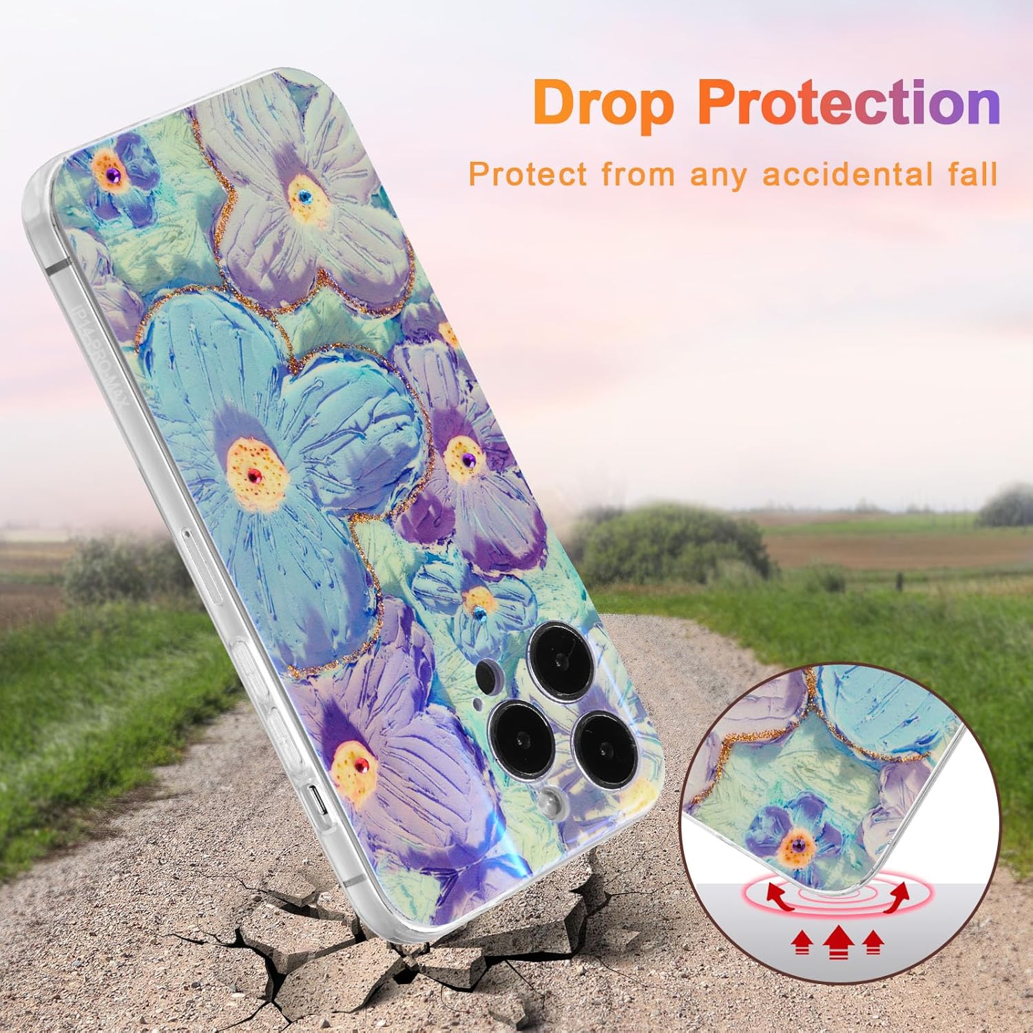 EYZUTAK Funda para iPhone 13 Pro Max, colorida pintura al óleo retro flor patrón brillante láser lindo exquisito floral flor funda protectora
