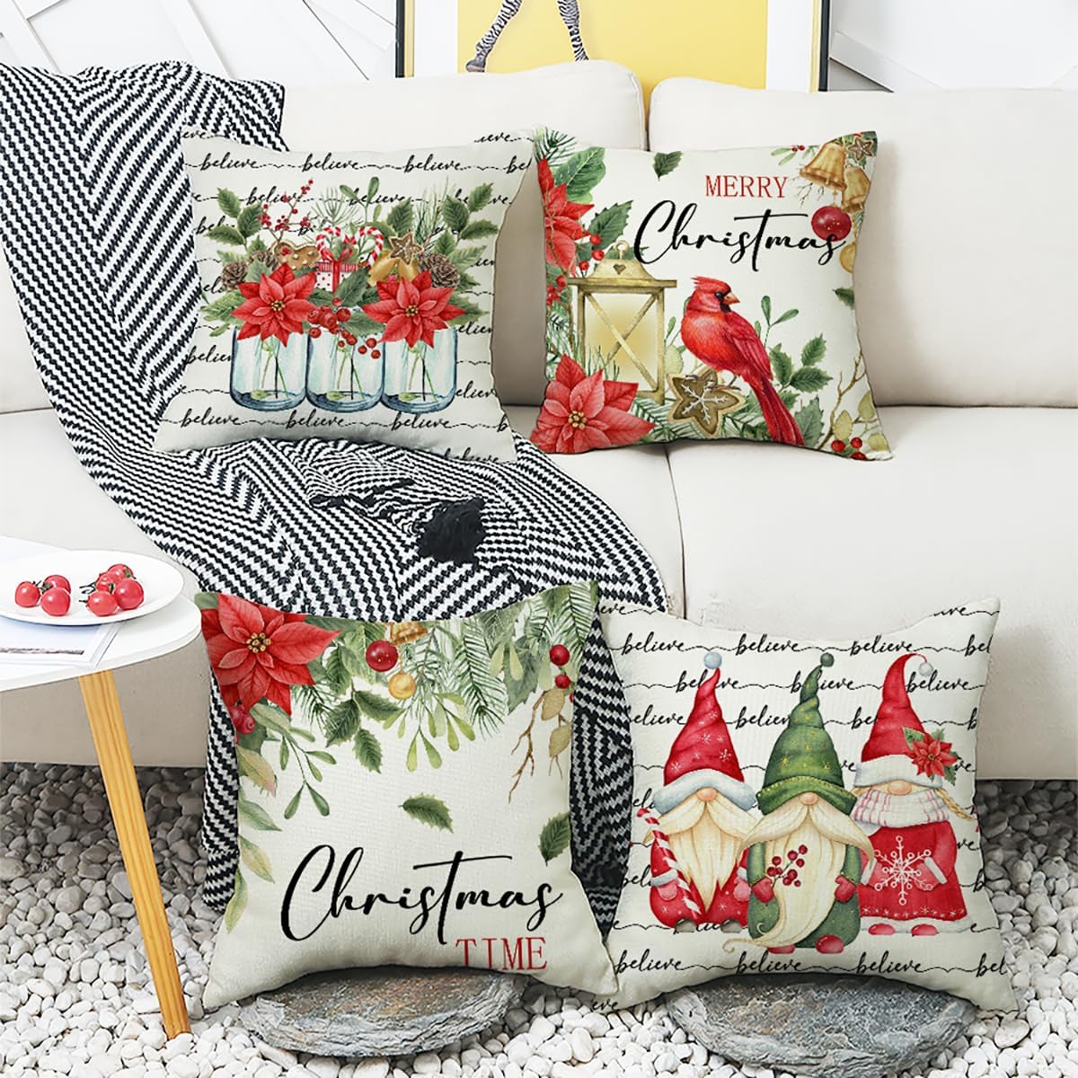 Juego de 4 fundas de almohada navideñas de 18 x 18 pulgadas, fundas de cojín para decoración de vacaciones de invierno para sofá, sala de estar y