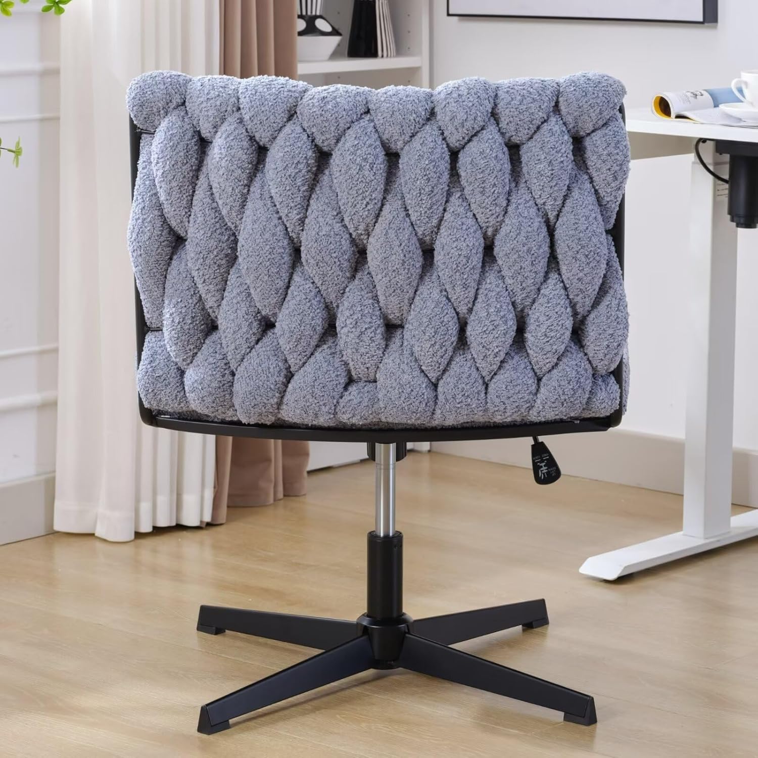 Silla giratoria sin brazos para oficina en casa, patas cruzadas, sin ruedas, asiento ancho de terciopelo tejido, respaldo medio, silla estética para