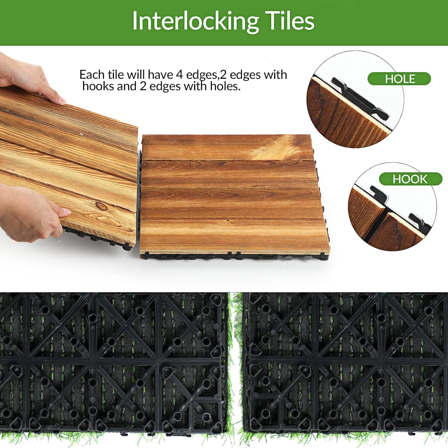 24 azulejos de madera dura entrelazados para patio y césped artificial, baldosas de madera impermeables, azulejos de césped entrelazados para