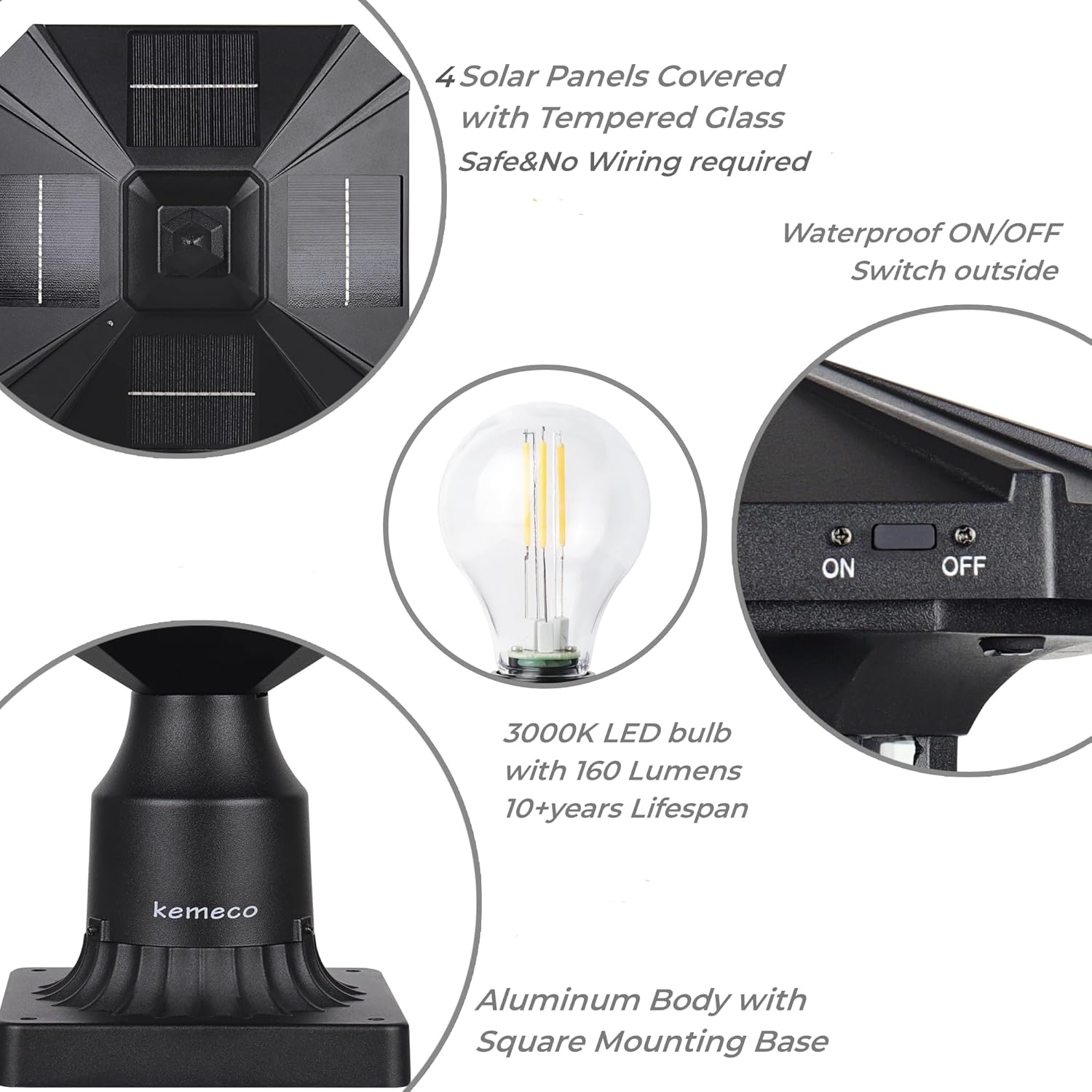 Kemeco Luz solar ST4338Q con base de montaje en pirata para exteriores, impermeable, de aluminio fundido negro, brillante, blanco cálido, lámpara