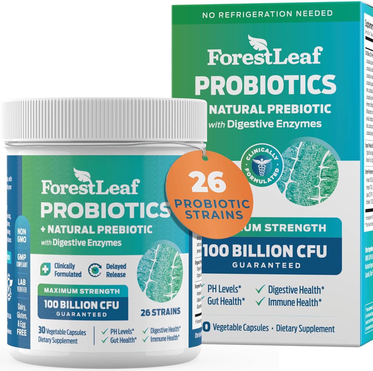 ForestLeaf Probióticos clínicamente estudiados 100 mil millones de UFC, 26 cepas con mezcla prebiótica orgánica y enzimas digestivas – Prebiótico