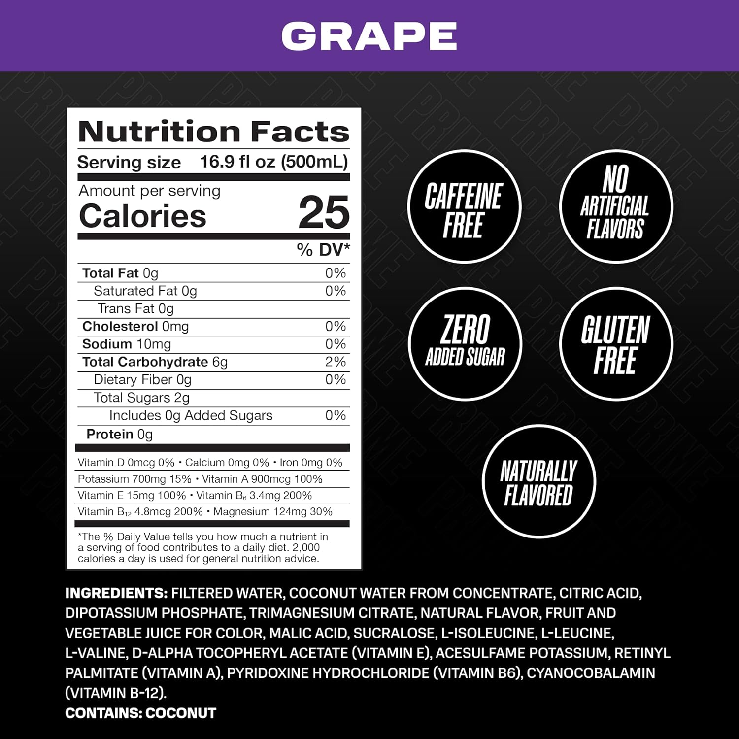 PRIME Hydration GRAPE  Bebidas deportivas  Electrolito mejorado para una hidratación definitiva  250 mg de BCAA  Vitaminas B  Antioxidantes  0.07 oz