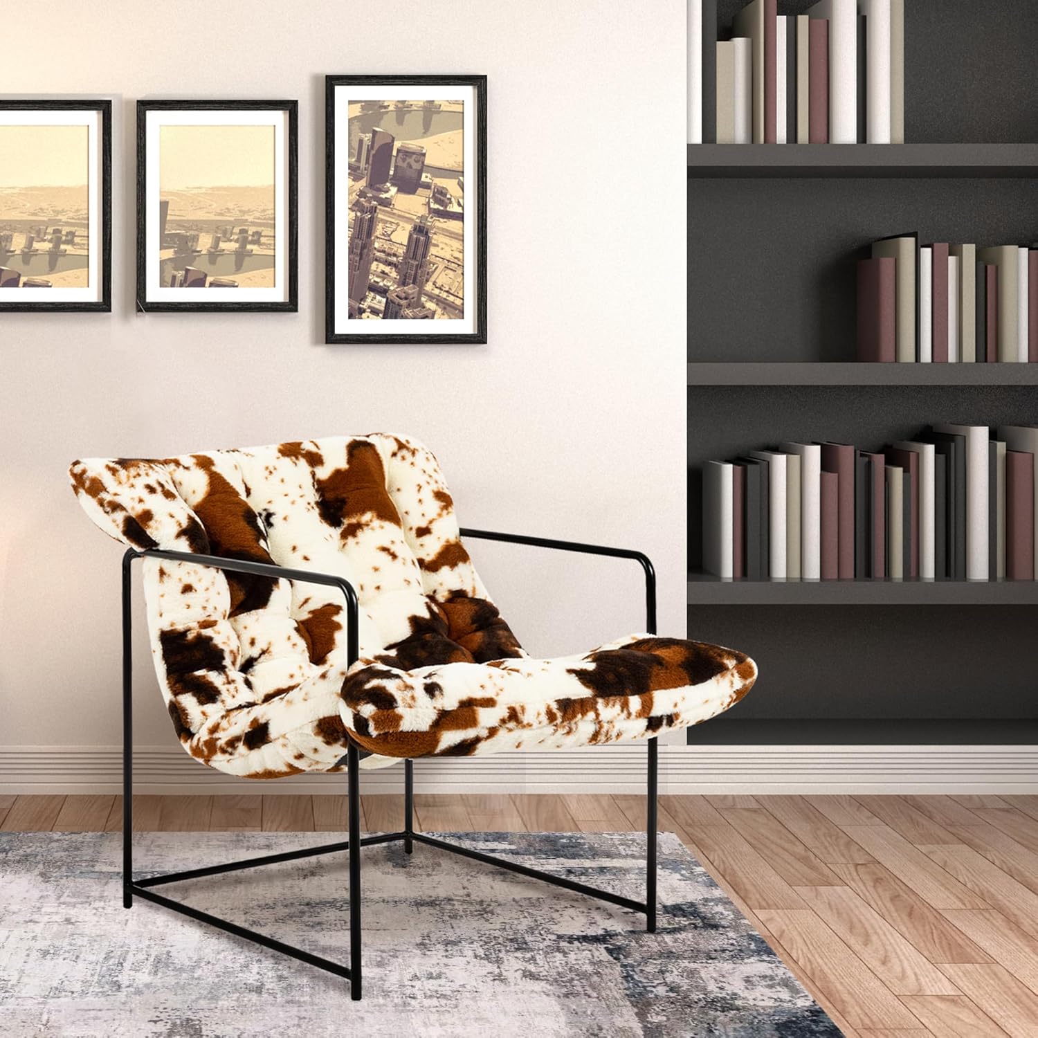 GIA Silla decorativa moderna de mediados de siglo para sala de estar, dormitorio y oficina, juego de 1, tapizada en piel sintética marrón y blanca