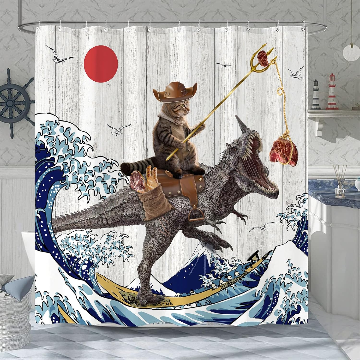 Fowocu Divertida cortina de ducha de dinosaurio con diseño de gato japonés con ondas oceánicas, cortinas de ducha de tela impermeable para baño de