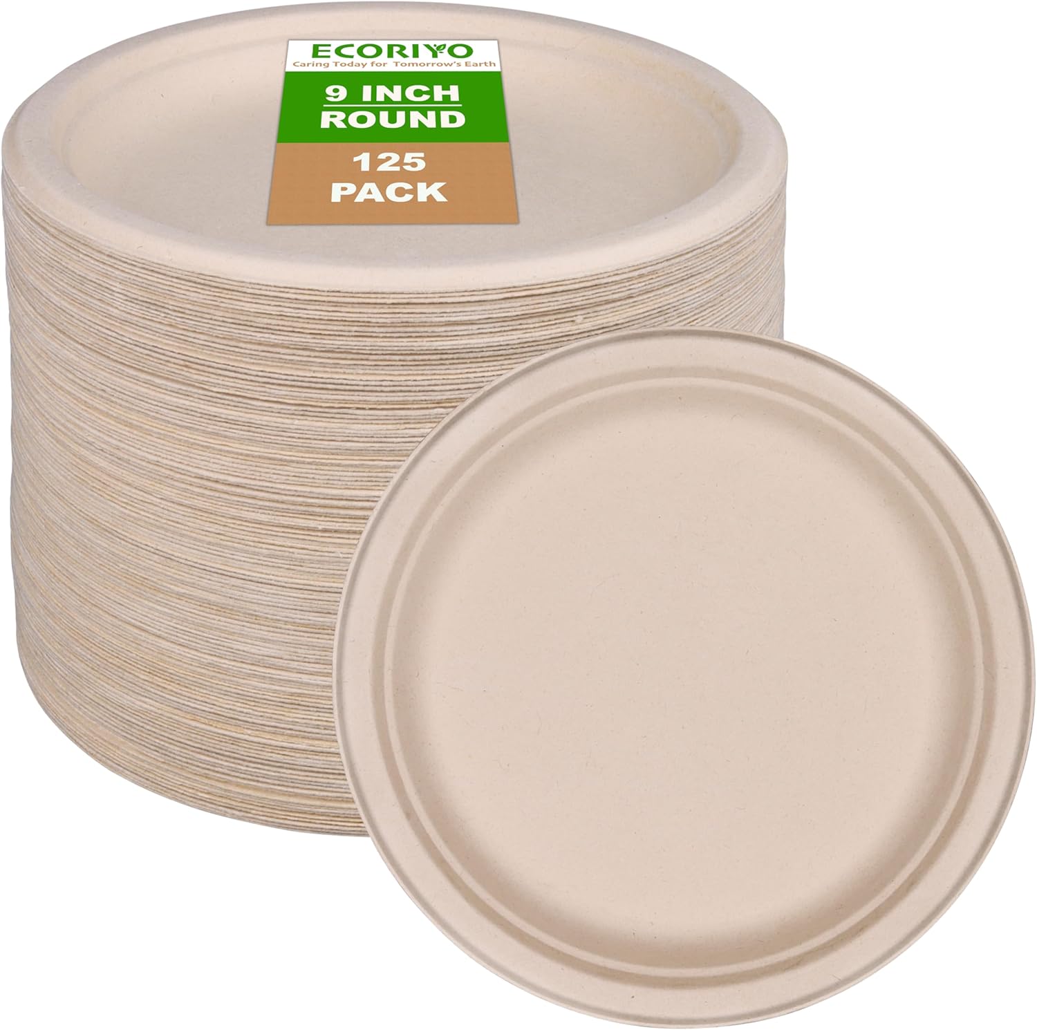 Platos compostables de caña de azúcar de 9 pulgadas, paquete de 125 platos de papel biodegradables, platos desechables resistentes de caña de