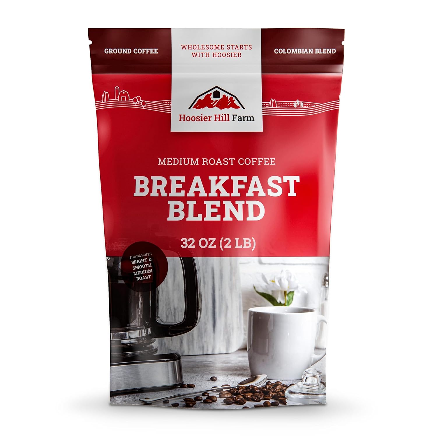 Hoosier Hill Farm Breakfast Blend – Café molido, tostado medio, 32 onzas (2 libras), bolsa resellable