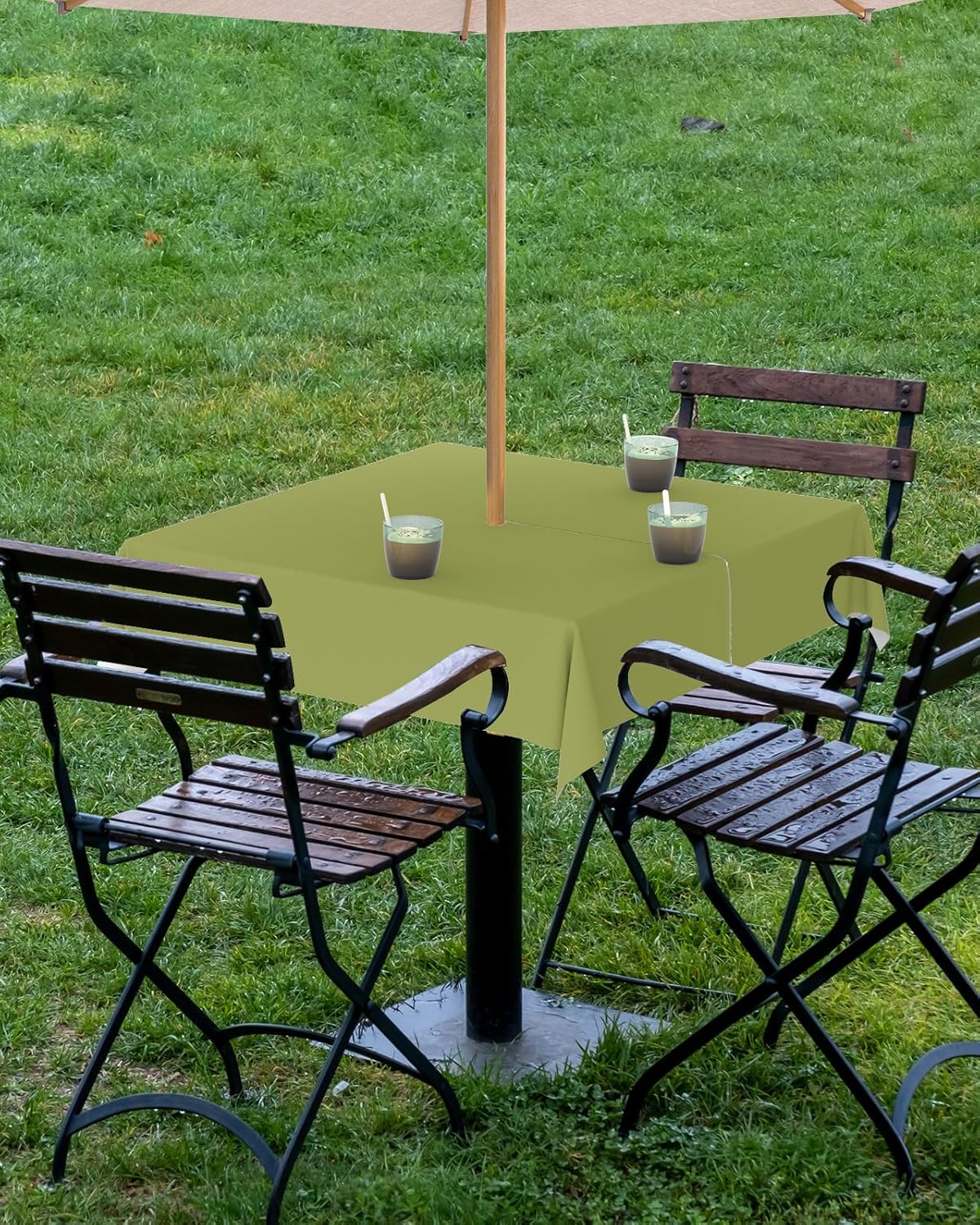 Mantel de exterior verde oliva con agujero para sombrilla y cremallera, mantel de color sólido para mesas cuadradas, colección de mesa impermeable