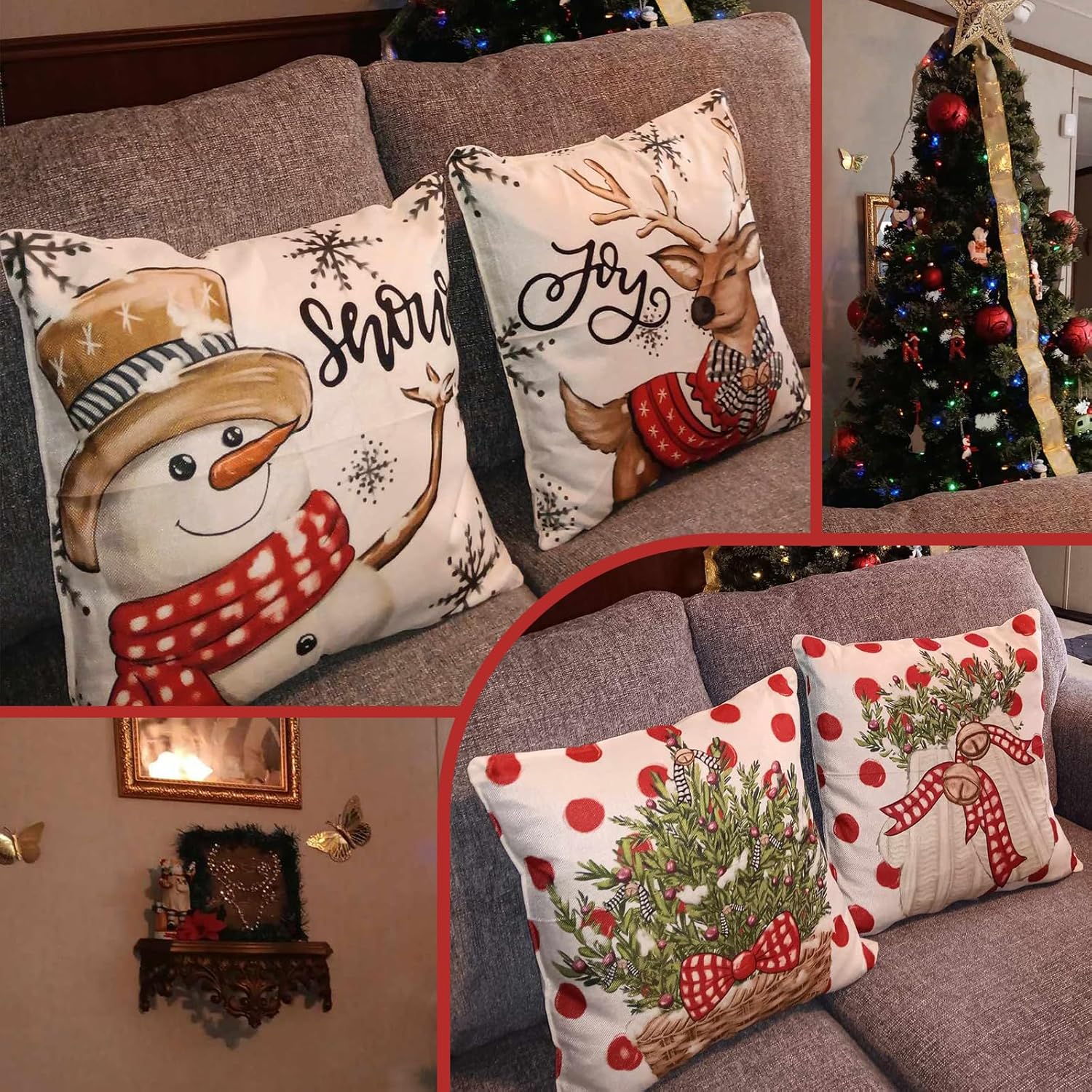 LITIVY Juego de 4 fundas de almohada decorativas para decoración de Navidad, decoración del hogar para sofá (árbol de Navidad, muñeco de nieve,