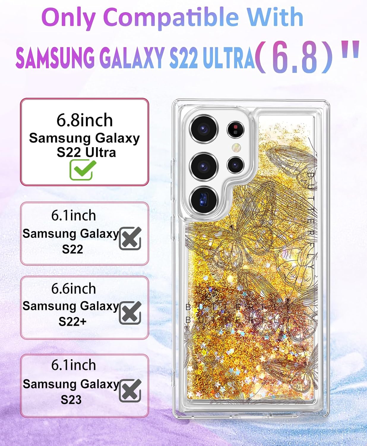 Funda para Samsung Galaxy S22 Ultra con purpurina líquida de arena movediza linda mariposa estética bonita divertida cubierta de diseño brillante