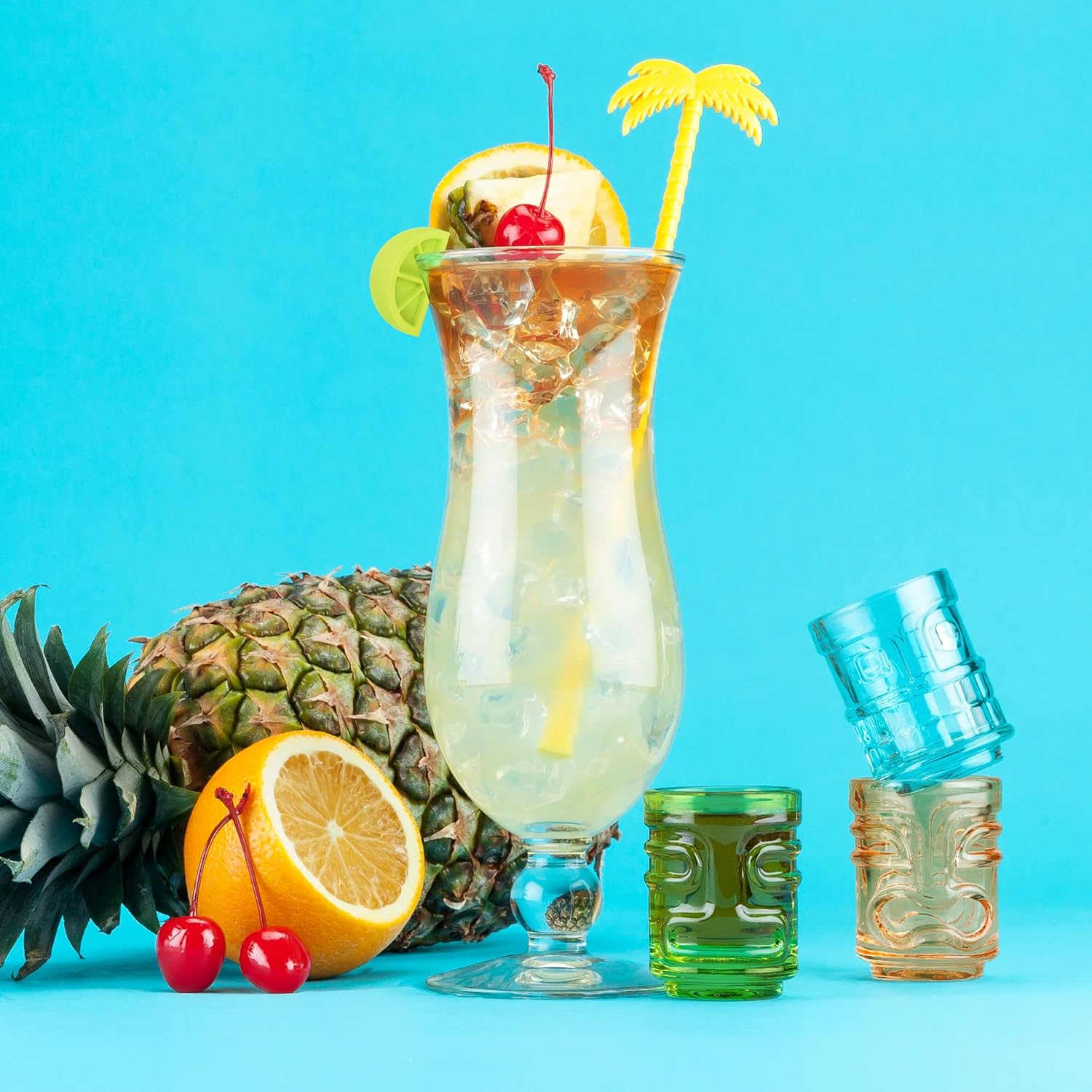 Tiki – Vasos de chupito para cócteles, juego de vasos de chupito apilables tropicales, vidrio de color Tiki, capacidad para 2 onzas, multicolor,