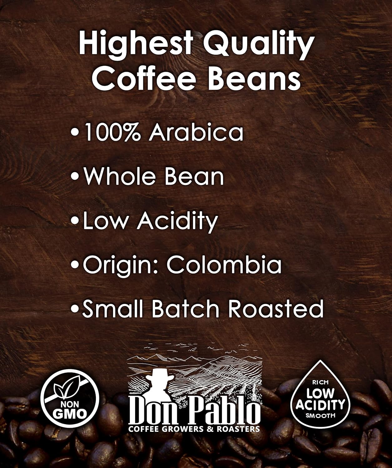 Don Pablo Colombian Supremo de 5 libras, café arábica en grano entero, tostado medio oscuro, baja acidez, bolsa de 5 libras (5 libras)