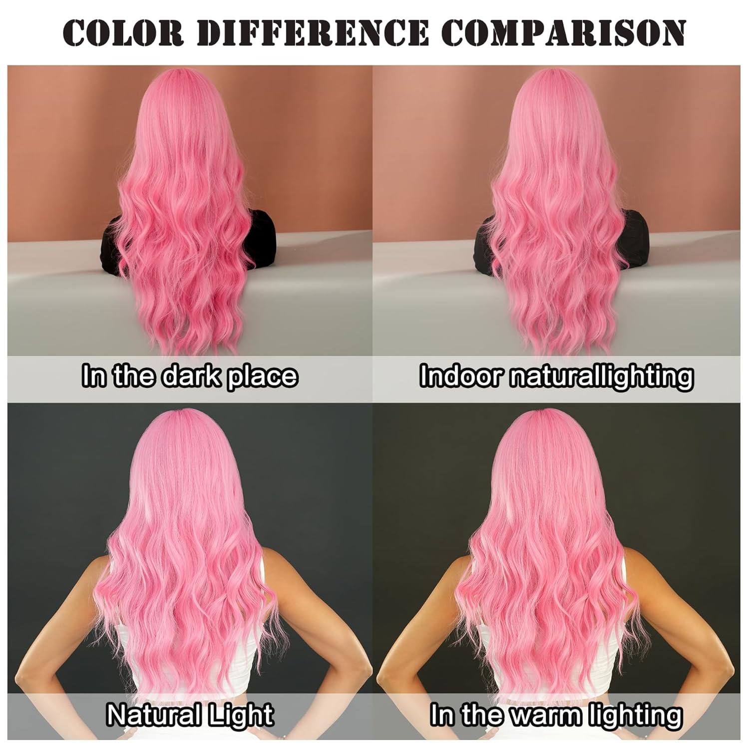 7JHH WIGS Peluca larga ondulada rosa de 24 pulgadas, fibra sintética resistente al calor, rizada, rosa claro, con flequillo, para mujeres y niñas,