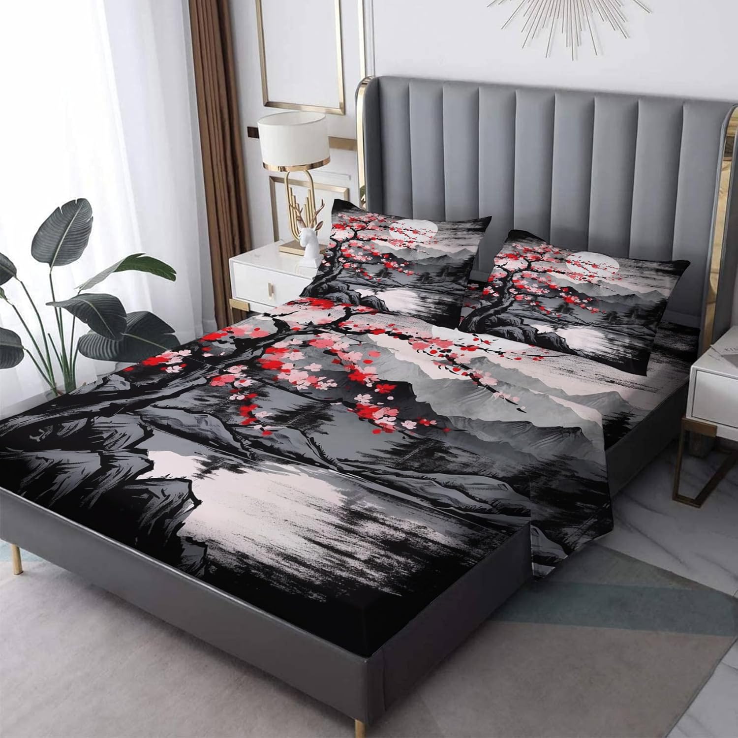 Sábanas japonesas tamaño California King, sábanas y fundas de almohada con patrón de flor de cerezo de montaña japonesa, bolsillo profundo de 14