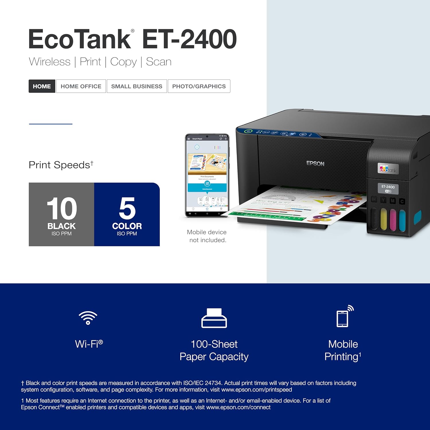 Epson EcoTank ET-2400 Impresora Supertank inalámbrica a color todo en uno sin cartuchos con escaneo y copia, impresión fácil y diaria para el hogar