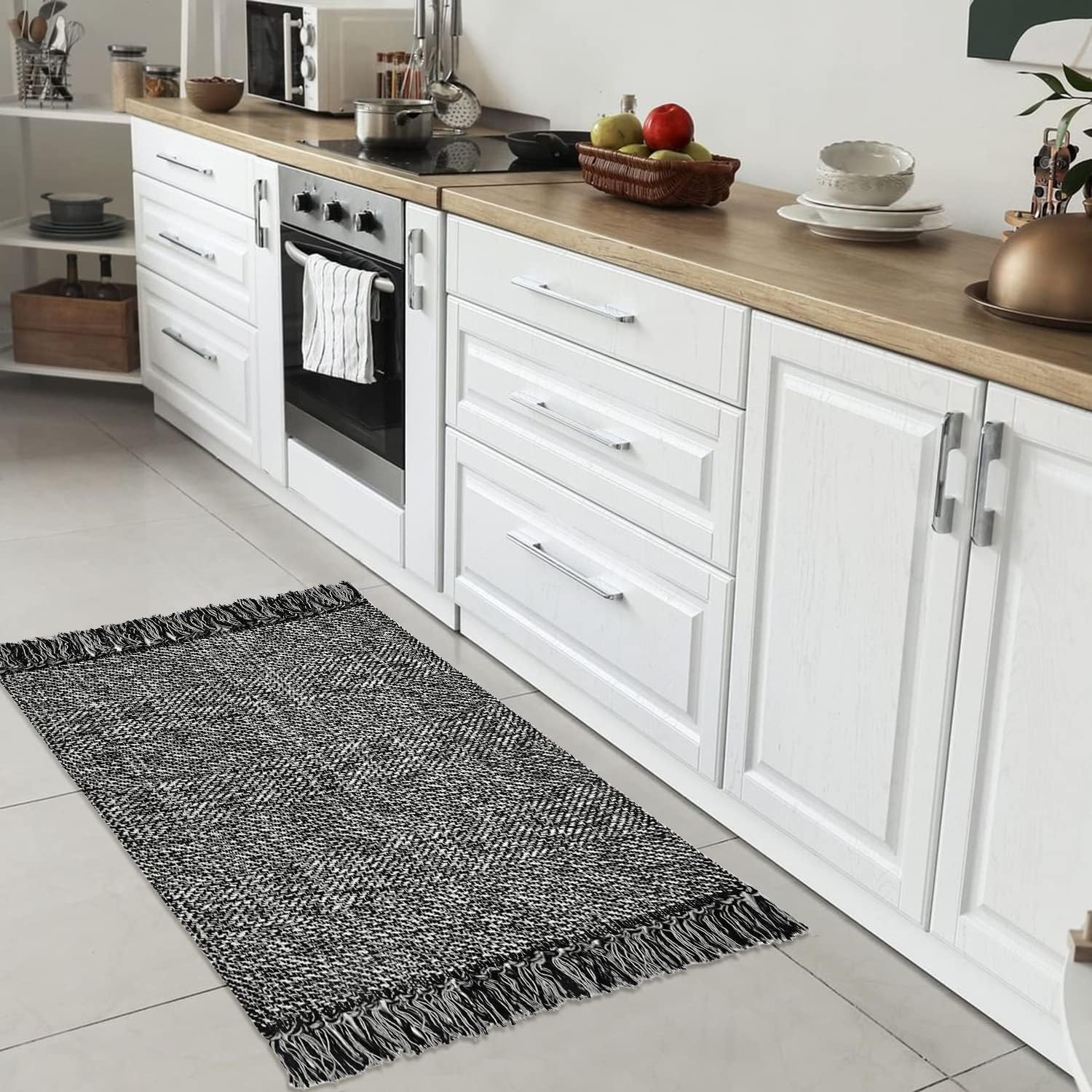 Collive – Tapete de baño color negro, 2 x 3 pies, tapetes de cocinaentrada pequeñas, lavables, tejidas a mano, reversible, de algodón, rústico,