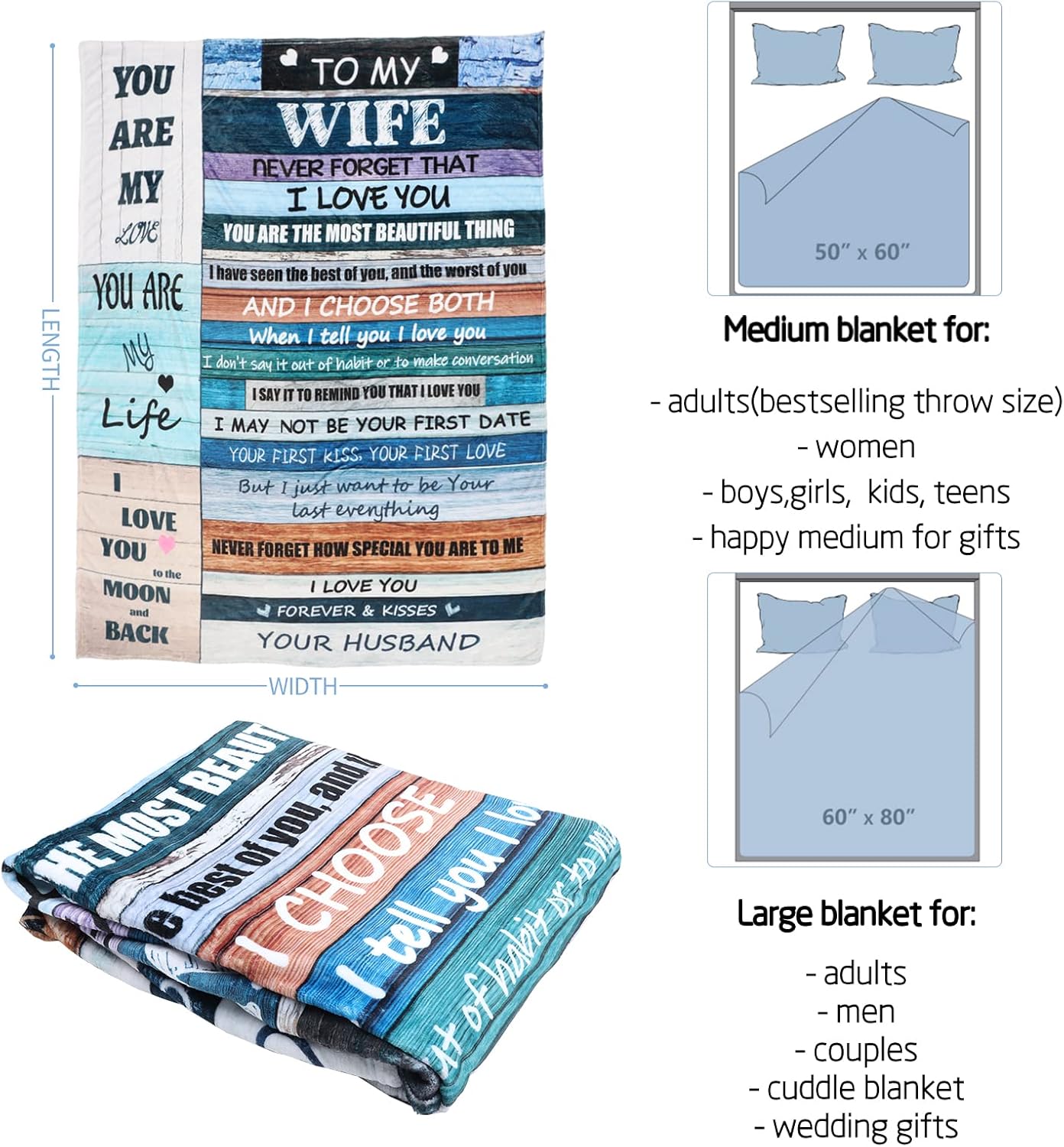 Regalos para esposa de parte del marido, aniversario, boda, cumpleaños, ideas de regalo para mi esposa, manta con texto en inglés “I Love You”,
