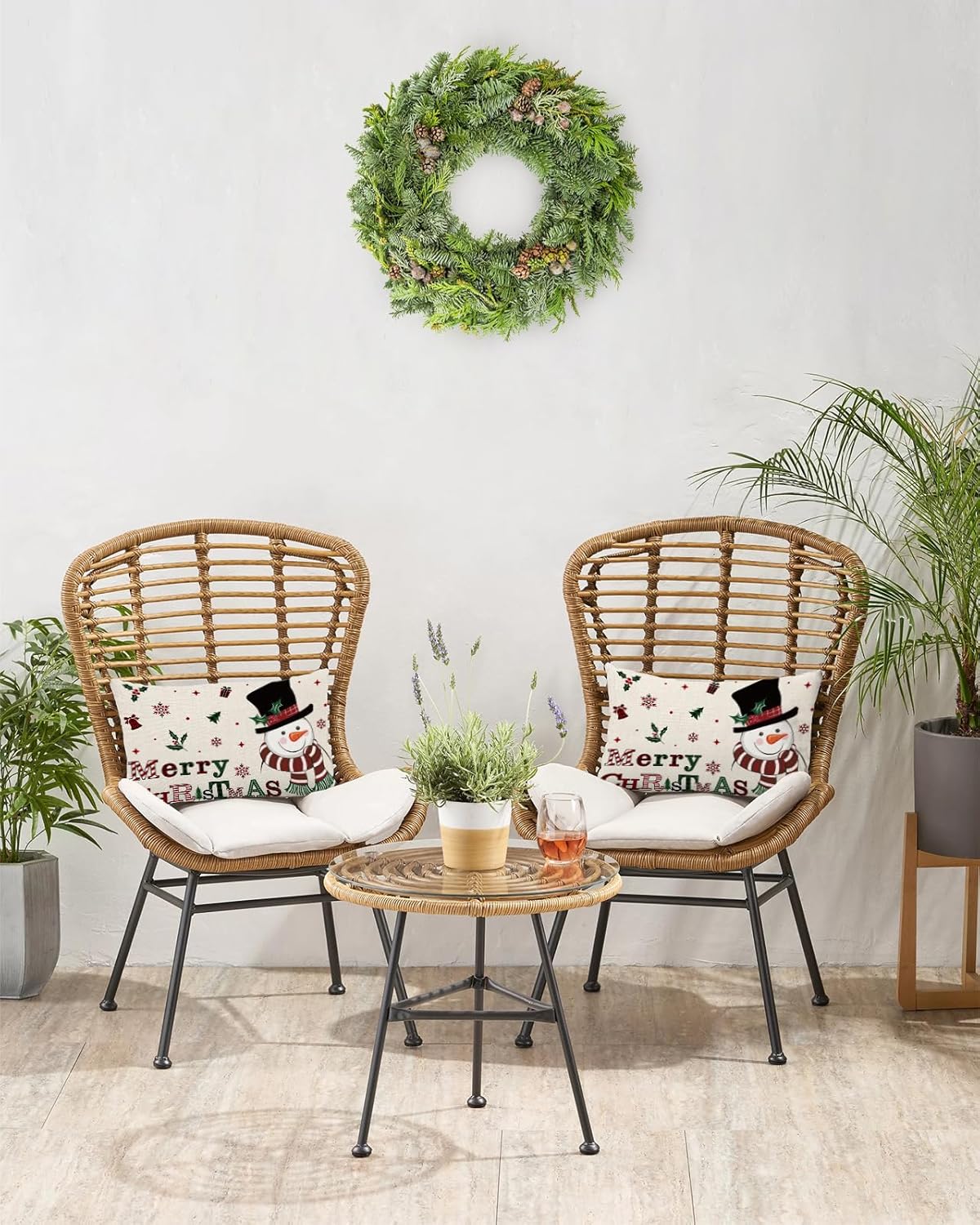 Juego de 2 fundas de almohada de lino con diseño de muñeco de nieve, árbol de Navidad, copos de nieve, rústicas, de 12 x 20 pulgadas, fundas de