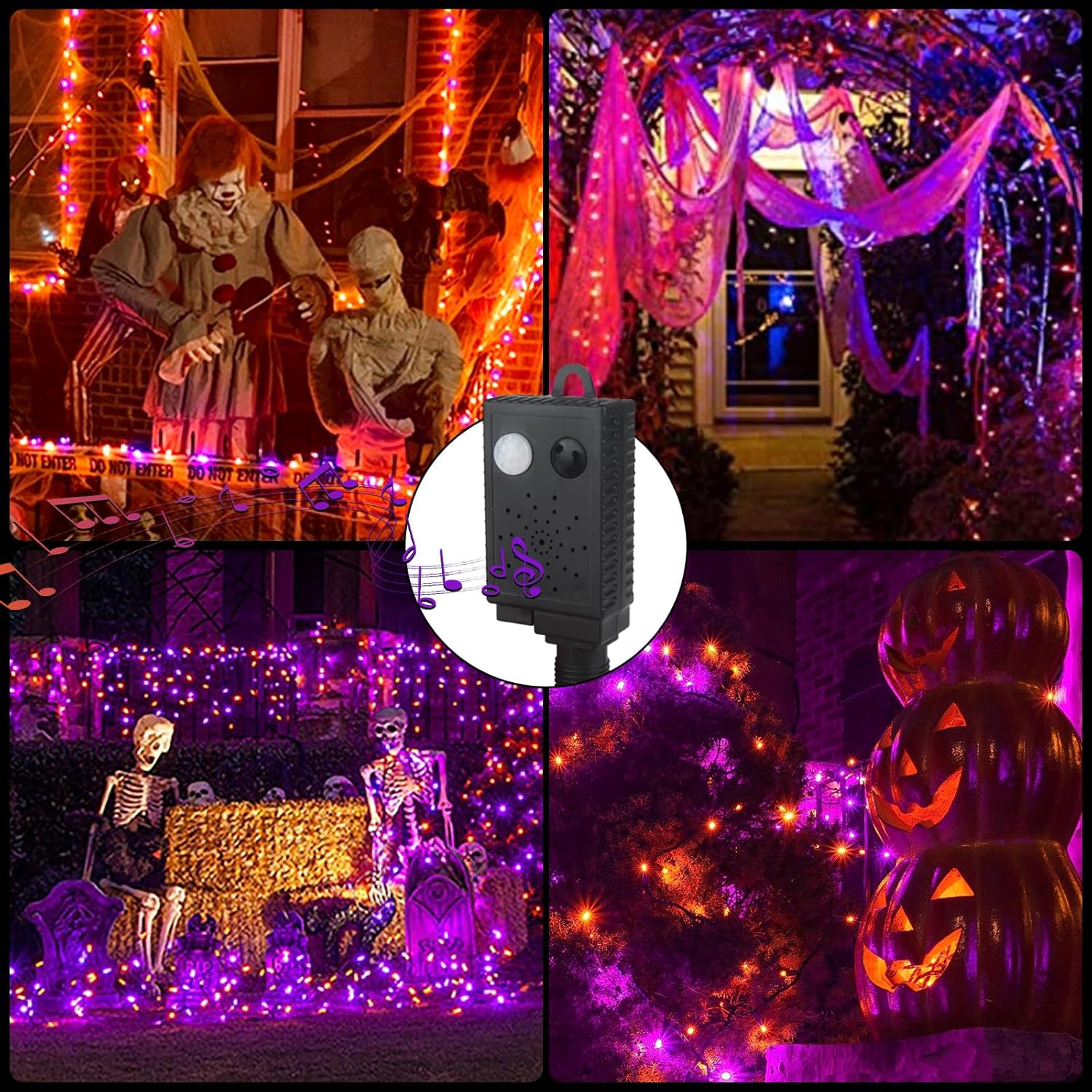 XTF2015 Luces de Halloween, 105 pies, 300 luces LED de Halloween con controlador de sensor de movimiento de música espeluznante, impermeable, luces