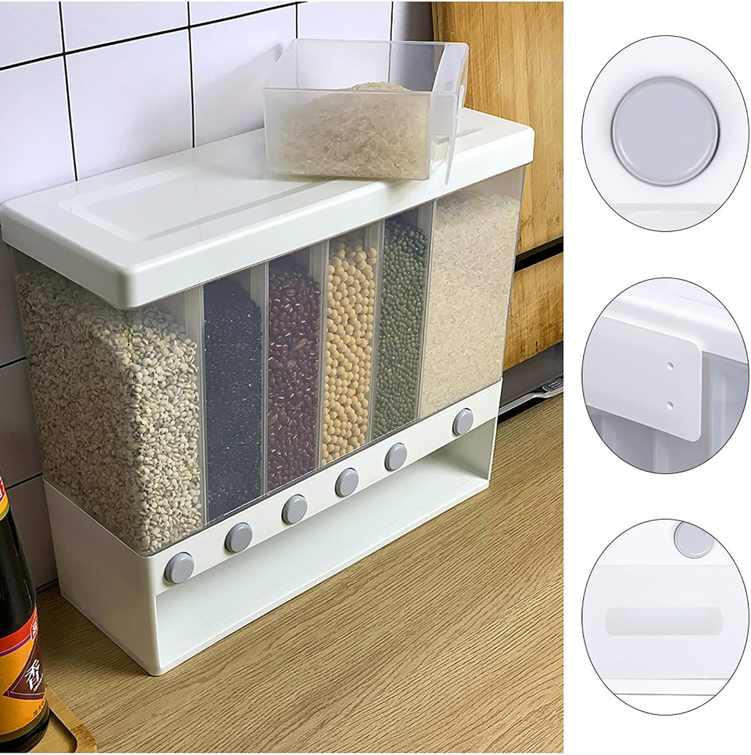 Eapmic Dispensador de arroz con taza, dispensador de alimentos secos de 5 rejillas montado en la pared, contenedor de almacenamiento de cereales