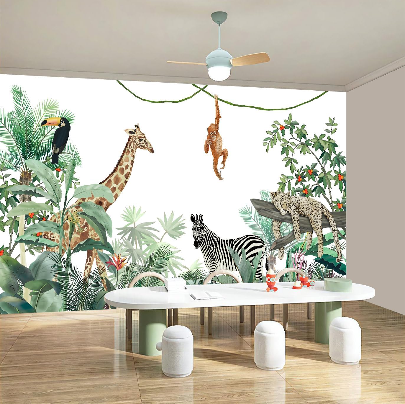 WFBHUA – Papel tapiz de safari para niños, diseño de hojas botánicas de selva tropical, mural de pared para guardería, dormitorio de niños,